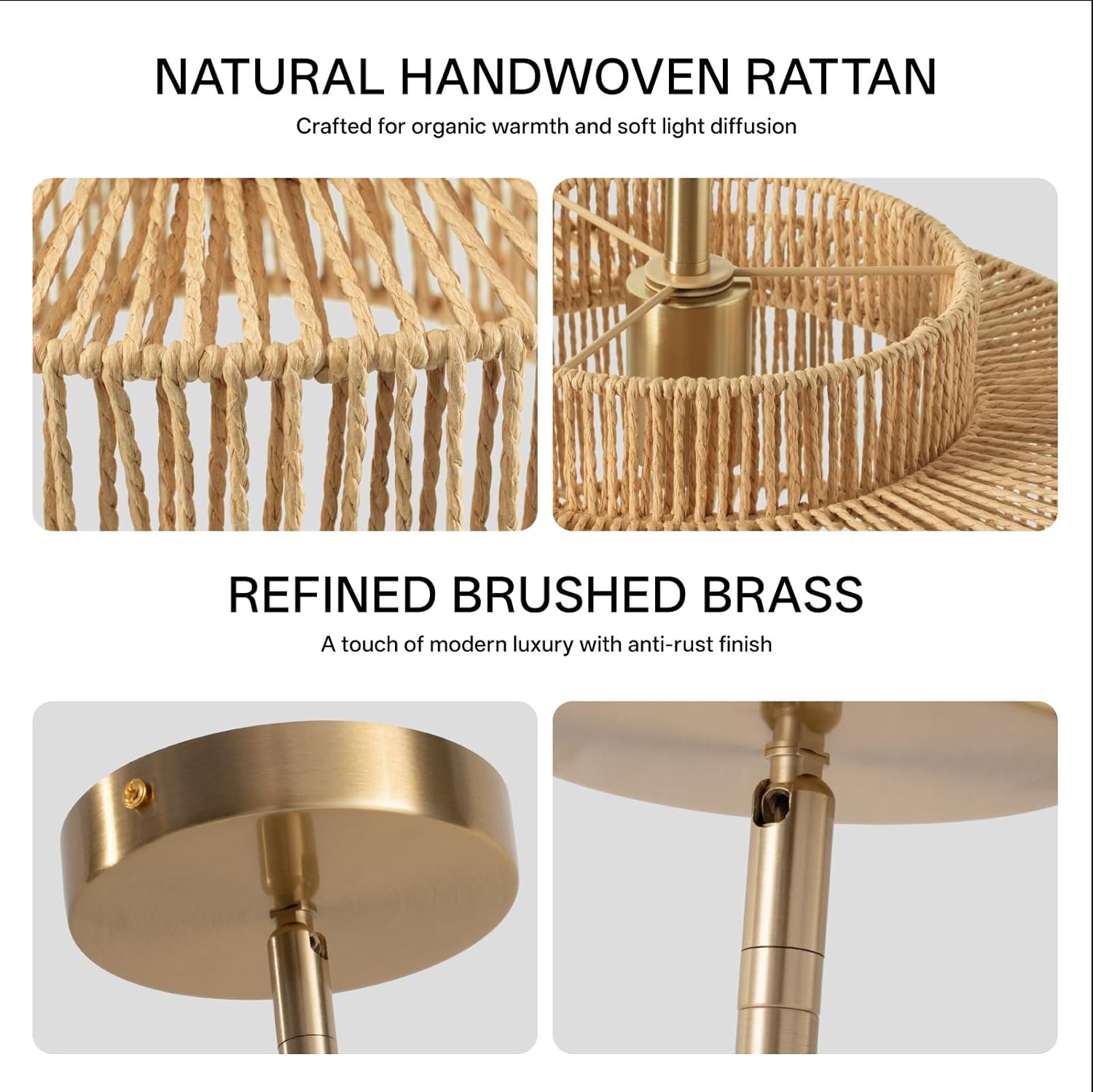 3-Tier Boho Rattan Chandelier, 1-Light Hand-Woven Wicker Pendant Light with Gold Metal Finish, Adjustable Hanging Ceiling Lamp for Kitchen Island, Dining Room, Bedroom, Coastal Farmhouse