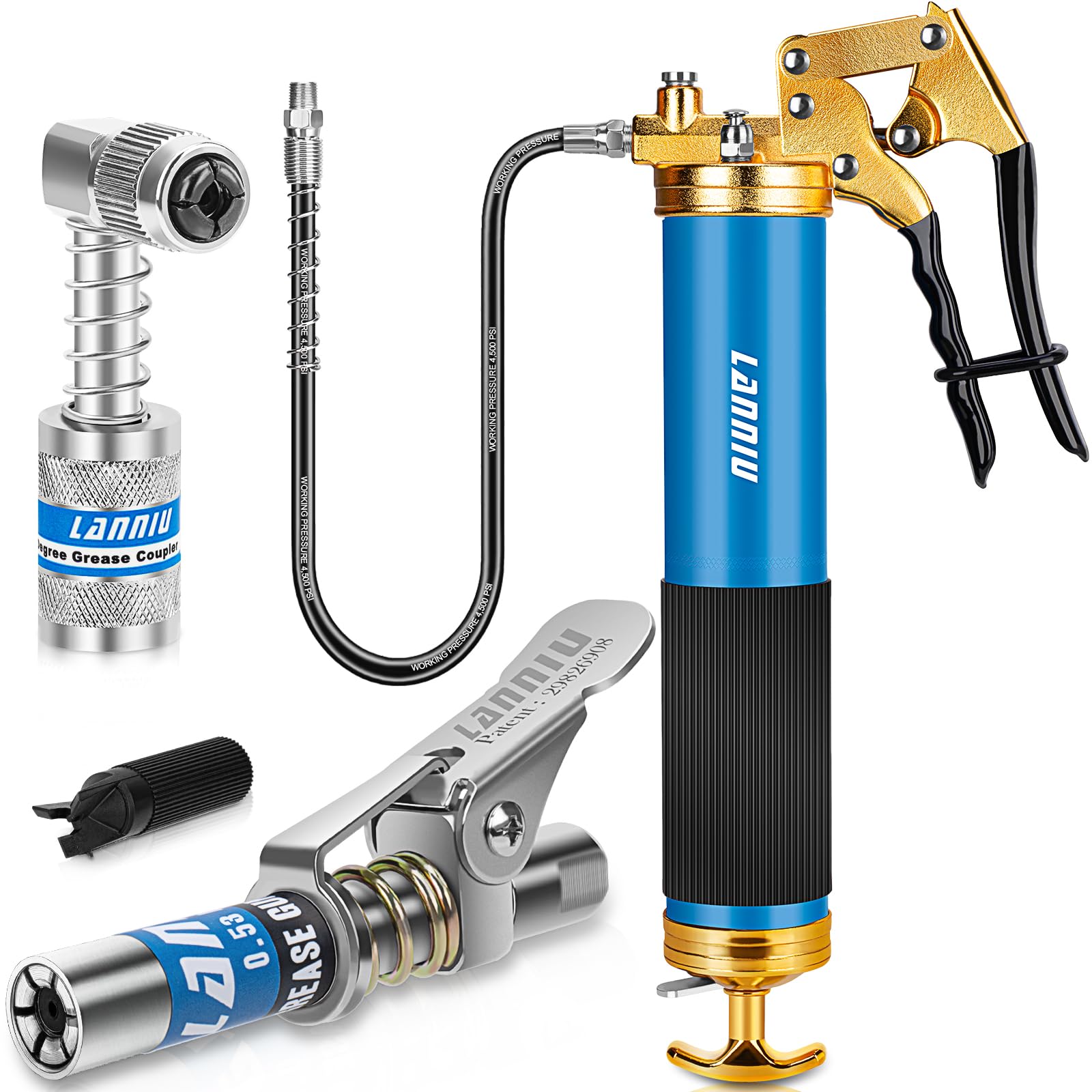 Grease Gun Kit: 8000 PSI Grease Gun, 0.53" Coupler &amp; 90° Adapter