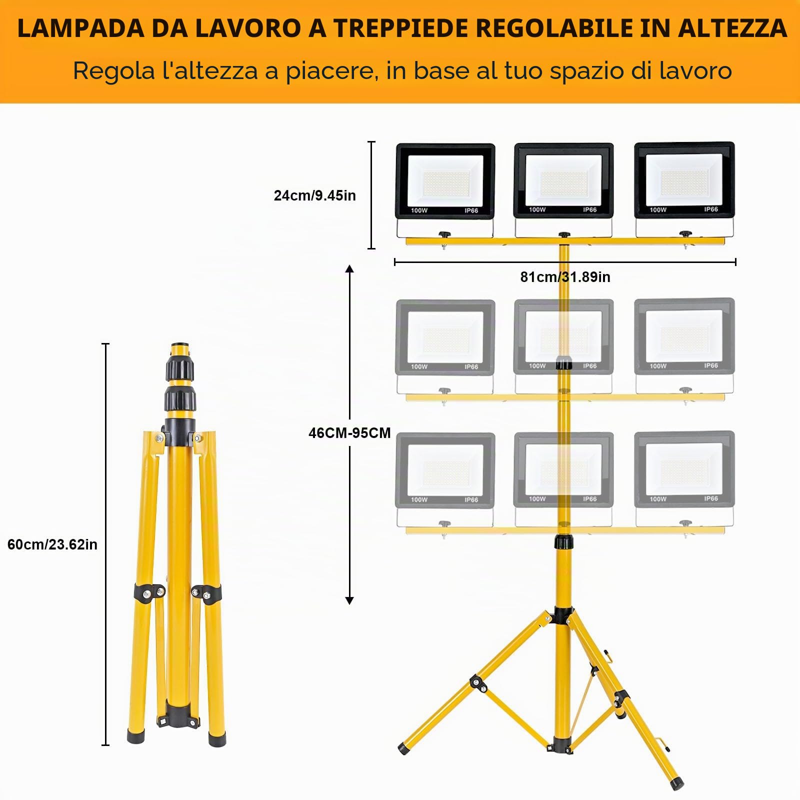 Faretto LED da 300 W, 30000 lm, luce da lavoro super luminosa con treppiede regolabile e cavo da 3 m, spina europea, faro da lavoro, impermeabile, IP66, per garage, officina, cantiere, bianco freddo