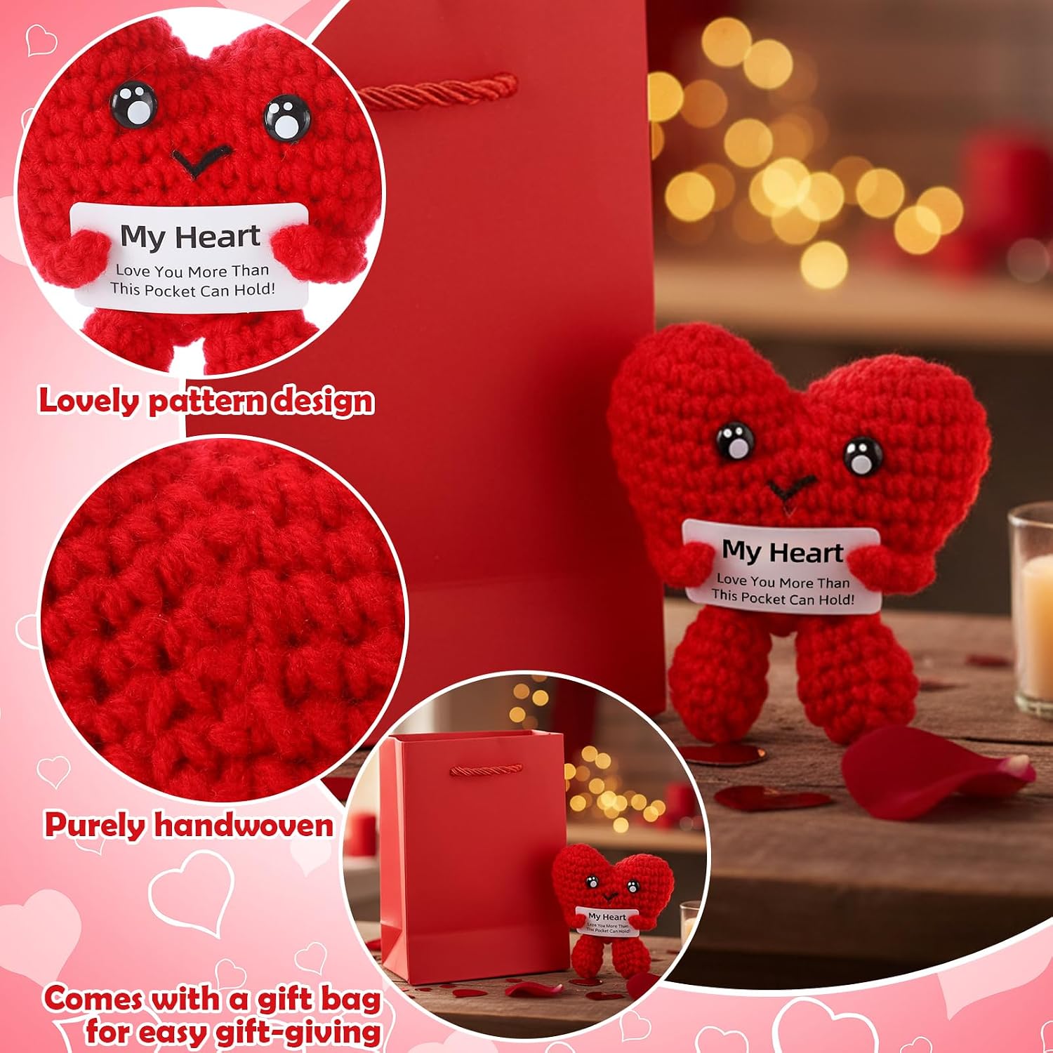 Leinuosen Funny Valentines Gift Her Girlfriend Love Heart Crochet Plush with Gift Bag Romantic Anniversary Birthday Present for Couple Lover Him Boyfriend, Cute Sweet Crochet Present for Women Wife image 4