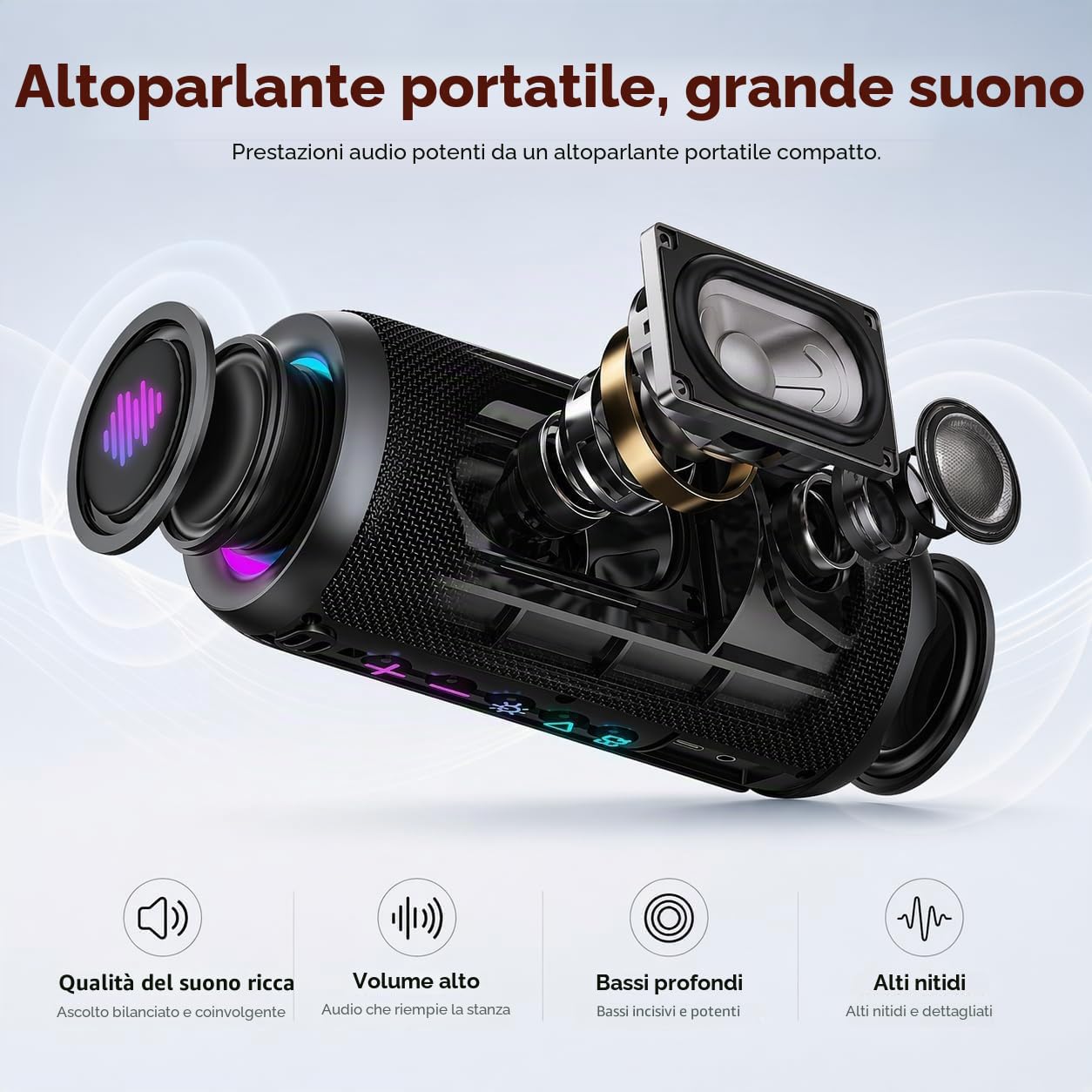 TIMU Cassa Bluetooth Portatile Potente, Altoparlante Bluetooth 5.4 con 2 Modalità EQ, IPX7, TWS, 24H di Autonomia, 8 Modalità RGB, Cinghia da Trekking, Compatibile con PC, AUX, TF