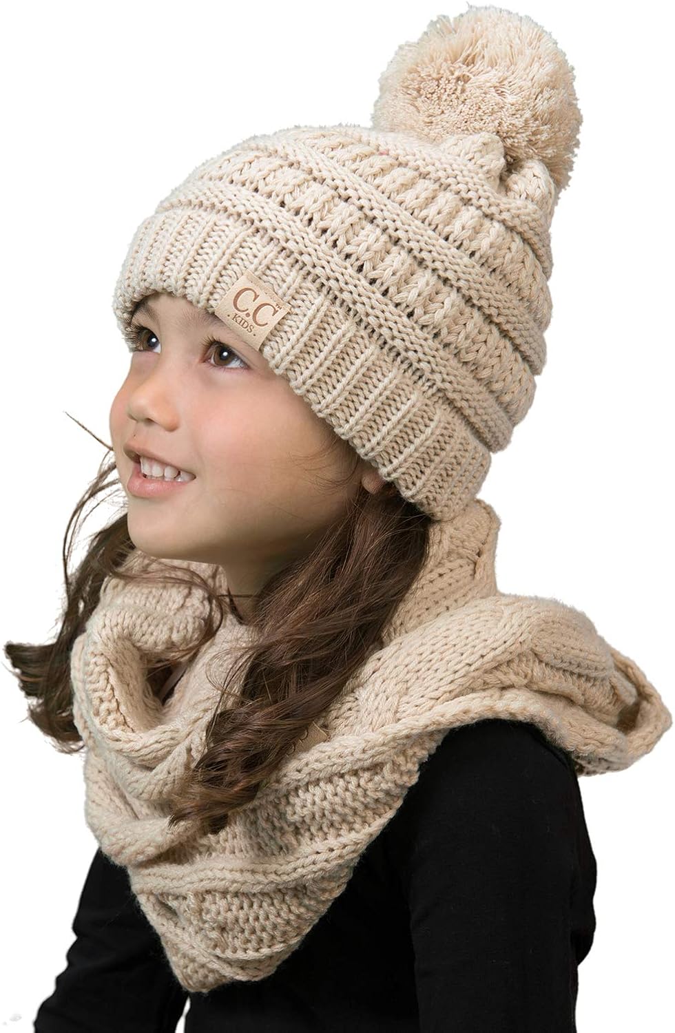 Funky Junque Matching 2 Pack Girls Boys Infinity Scarf Matching Pom Hat Bundle - Beige