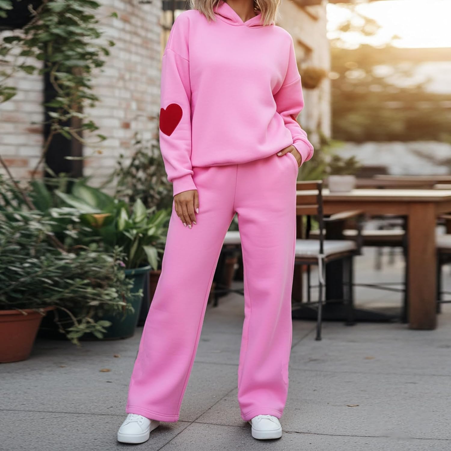 Womens Valentine Lounge Set Heart Print Hooded Sweatshirt Pants Y2k Lightweight Sweatsuit Fall Winter Loungewear Outfit - Image 2