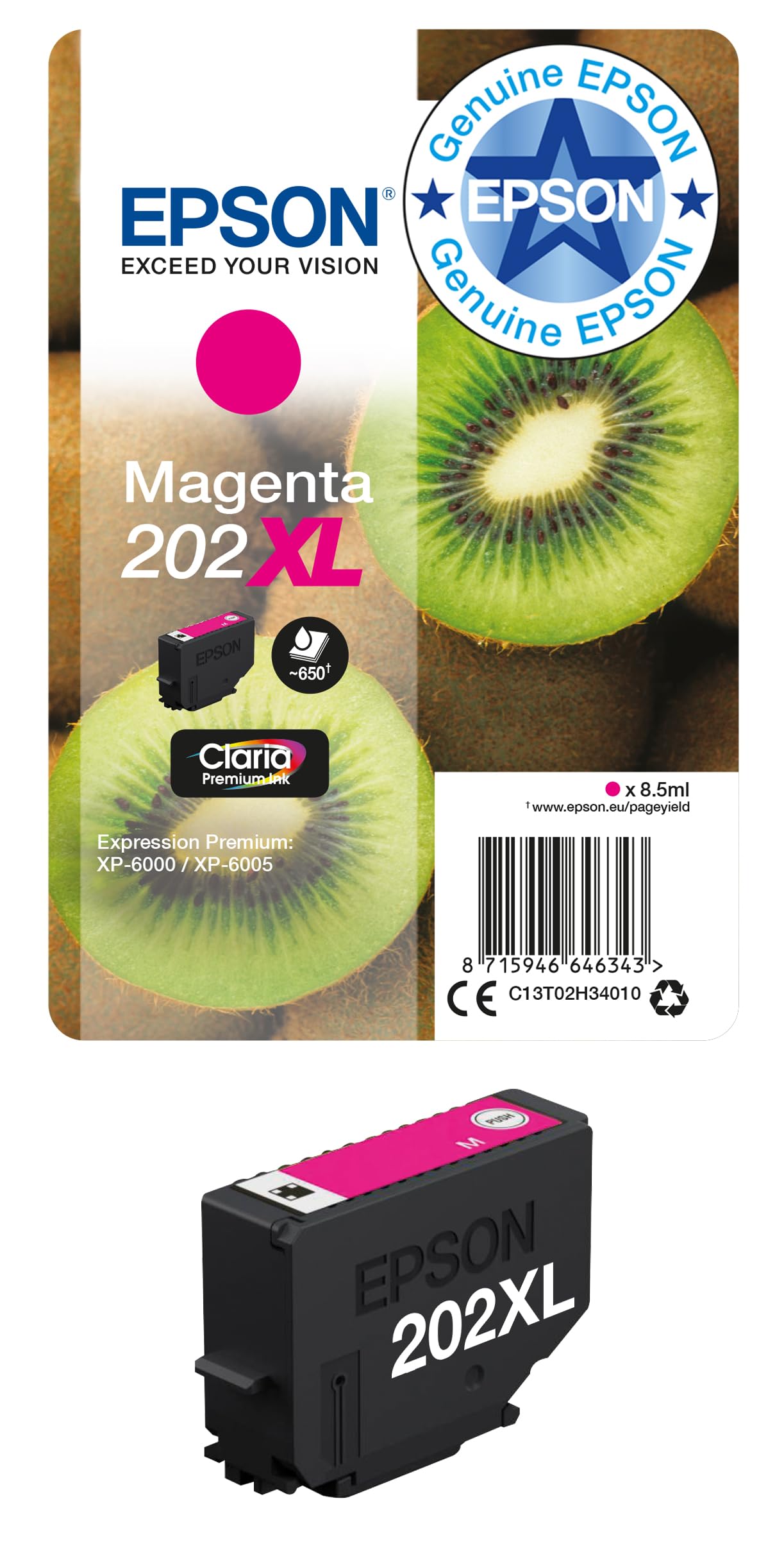 Genuine Epson 202XL, Kiwi Magenta Ink Cartridge, T02H3, C13T02H34010 (Vacuum Se