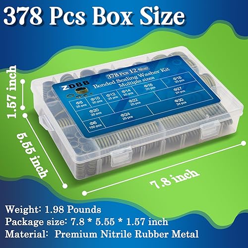 Miniatura 5 de ZDBB Kit de 378 Piezas de Arandelas de Sellado Adheridas en 12 Tamaños, Juego Surtido de Reparación de Juntas de Goma y Metal con Sello AC