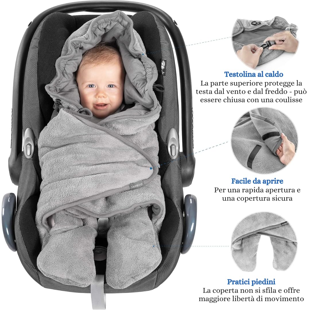 Zamboo Copertina Neonato Copripiedi, Primavera/Estate - Coperta Ovetto Neonato Gruppo 0 (Maxi-Cosi, Cybex, Römer) e Passeggini - Con Borsa - Grigio