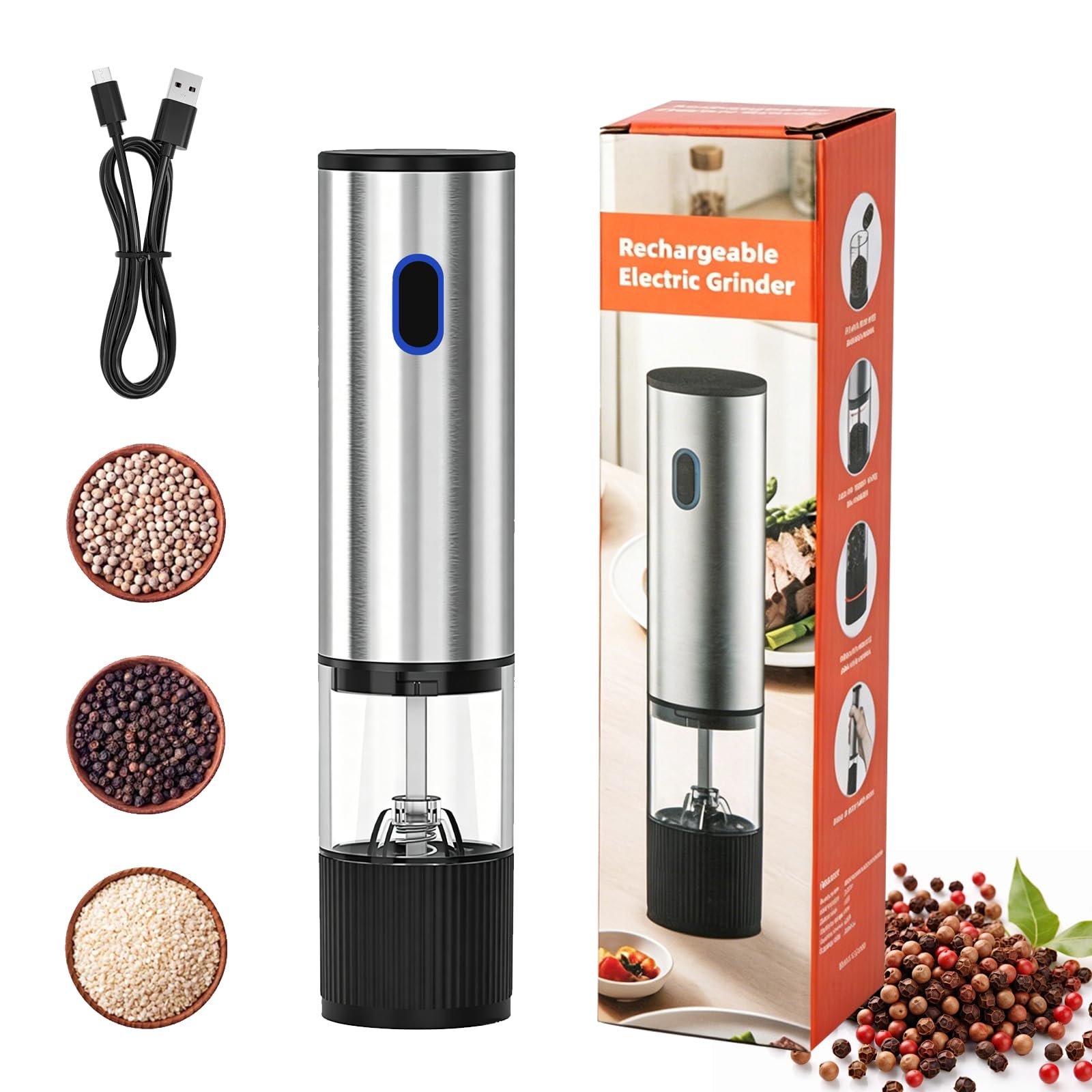 Electric Pepper Grinder,USB Rechargeable Salt and Pepper Mill with Adjustable Coarseness and LED Light 80ml Refillable Salt Grinder Low Noise One Touch Operation for BBQ Kitchen Restaurant Camping