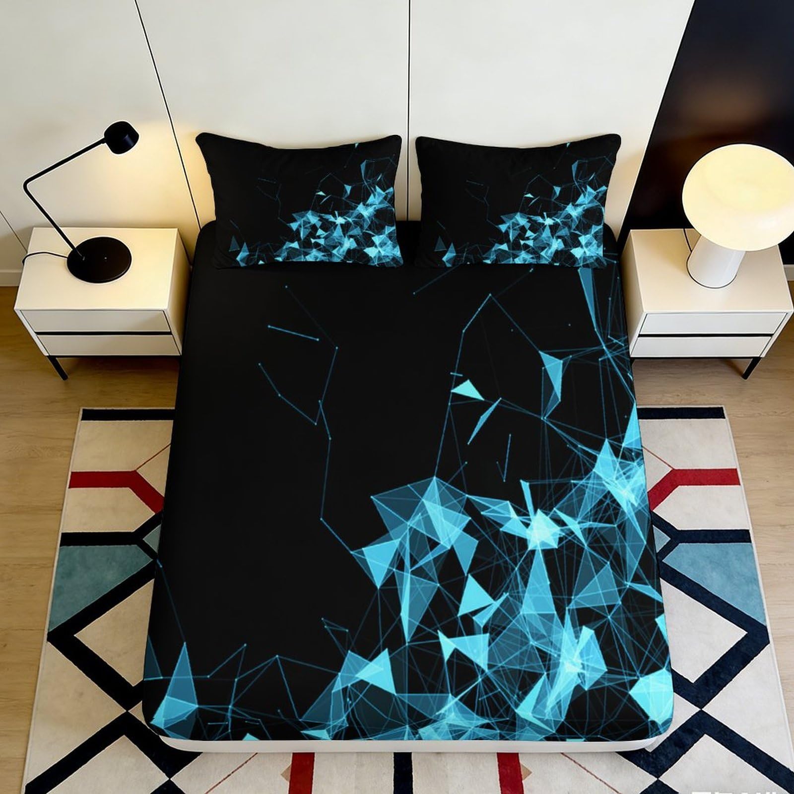 3D Printed Blue Geometric Fitted Sheet Microfiber Modern Polygon Abstract Mattress Cover for Bedroom Dorm Mattress Protection Decor 140x200x25cm