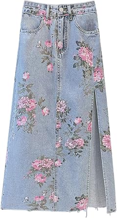 ebossy Womens Summer High Waist Side Slit Long Jean Skirts Floral Print Bodycon Pencil Skirt with Pockets
