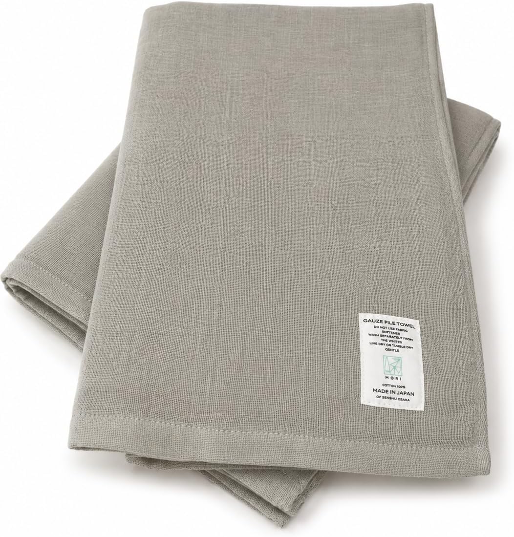 Mori Japanese Gauze Bath Towel, 100% Cotton, Made in Japan, Lightweight, Quick Dry - Gray, 1 Pack