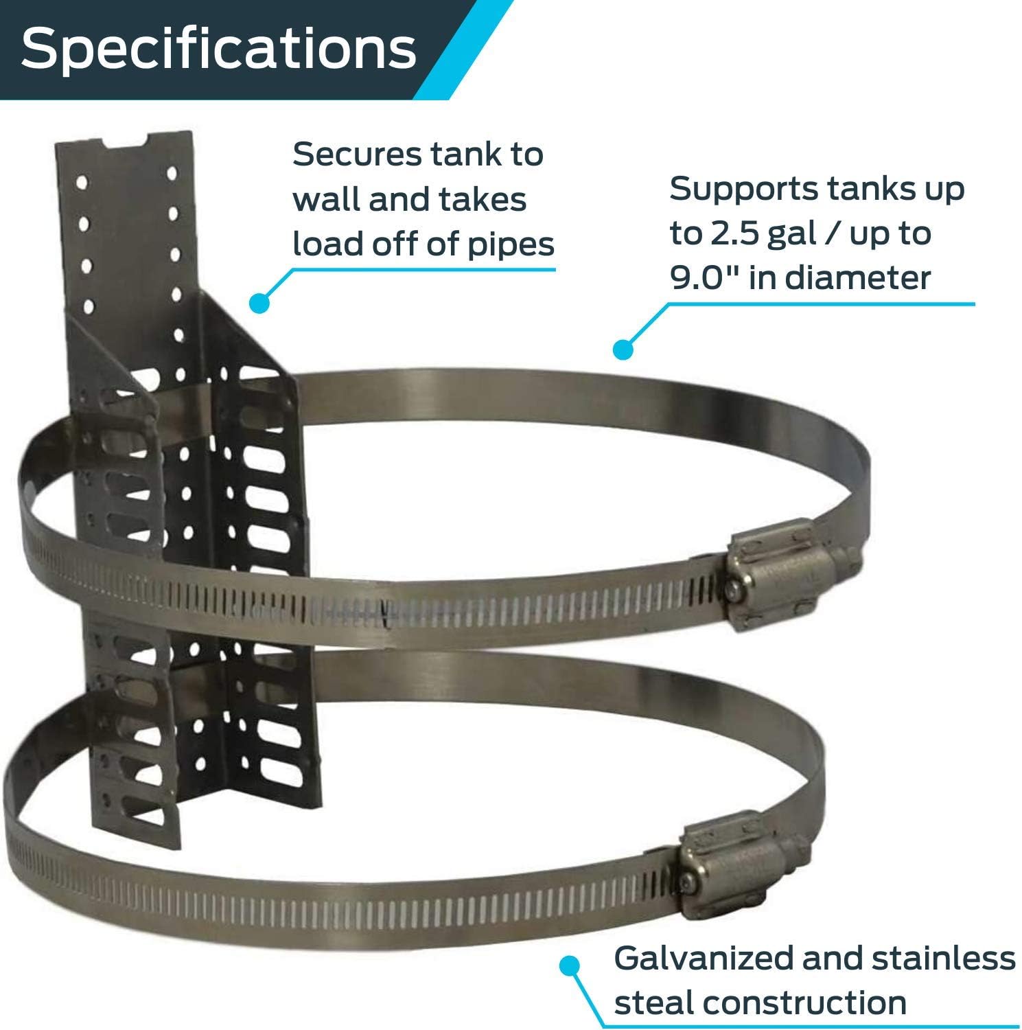 HoldRite QS-5 Expansion Tank Mounting Bracket with two stainless steel straps, showing how it secures a tank to a wall.