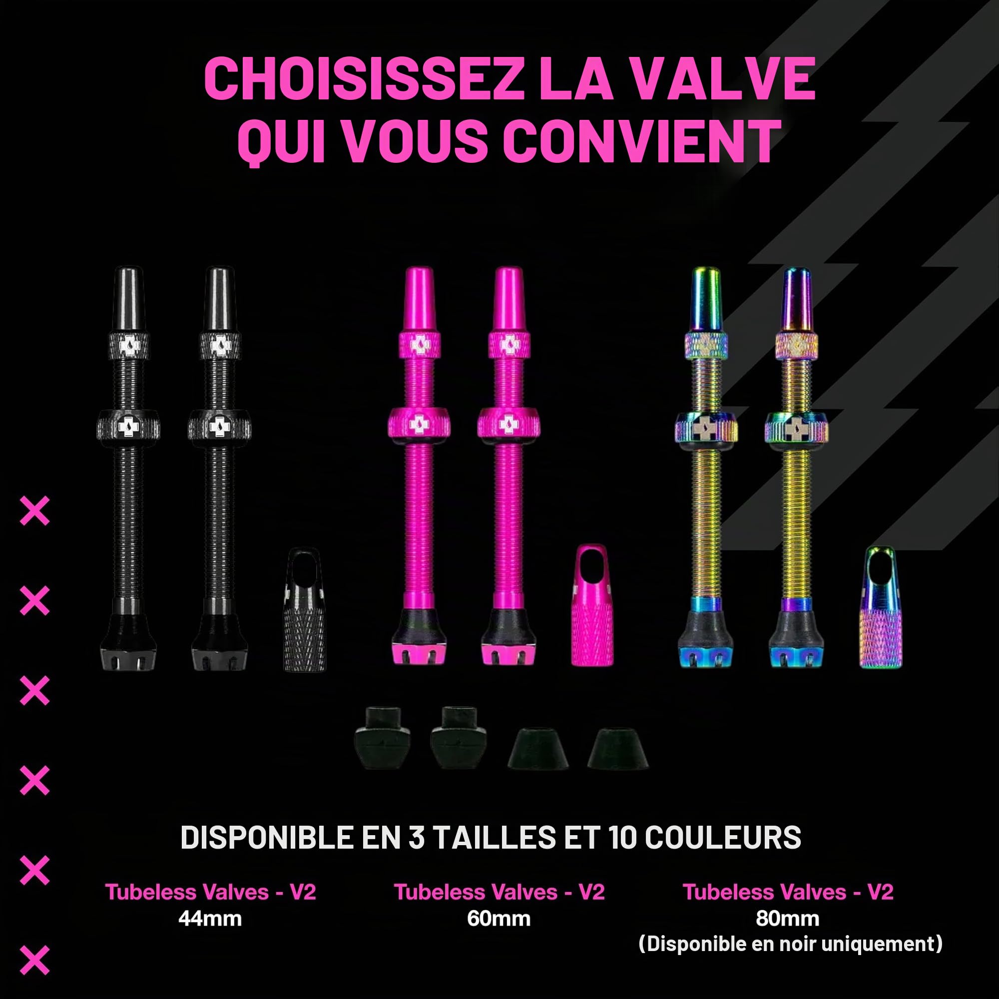 Muc-Off Valves Presta Tubeless - 60 mm - Valves de Vélo Anti-Fuite de Qualité Supérieure avec Outil Démonte-Obus de Valve Intégré - Noir