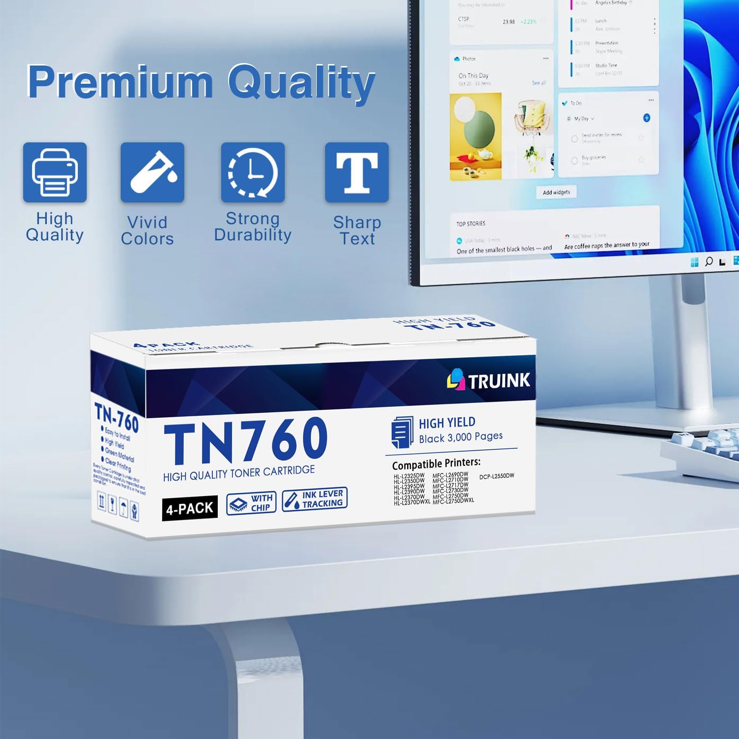 TN760 Toner Cartridge Replacement for Brother TN760 TN-760 High Yield Toner Compatible with Brother HL-L2325DW HL-L2350DW MFC-L2690DW MFC-L2710DW DCP-L2550DW Printer (Black, 4 Pack) - Image 5