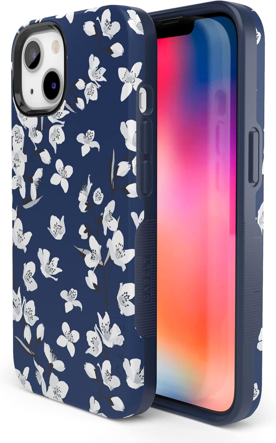 Casely iPhone 13 Case | Floral Forest | Navy Cherry Blossom Floral | Bold Protective Design | Compatible with MagSafe