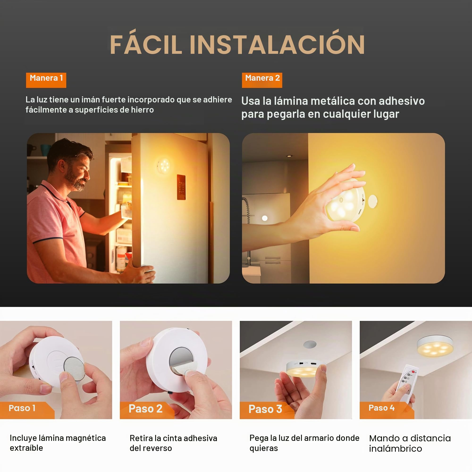 Luz LED inalámbrica con control remoto, 3 temperaturas de color regulables debajo del gabinete, luz de armario, iluminación recargable debajo del mostrador, luces adhesivas para bar, pasillo