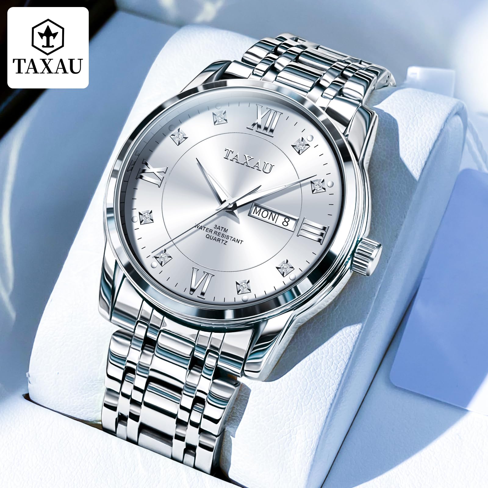 Taxau Armbanduhr Herren Chronograph Analogue Quartz Uhr Herren Edelstahl Wasserdicht Leuchtende Klassische Luxus Business Herrenuhren Geschenke für Männer