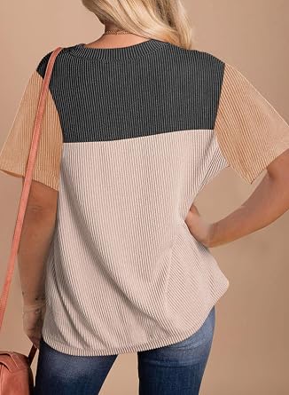 Dokotoo Womens Summer Tops 2026 Casual Color Block Womens T Shirts Loose Fit Crewneck Knitted Tops Trendy