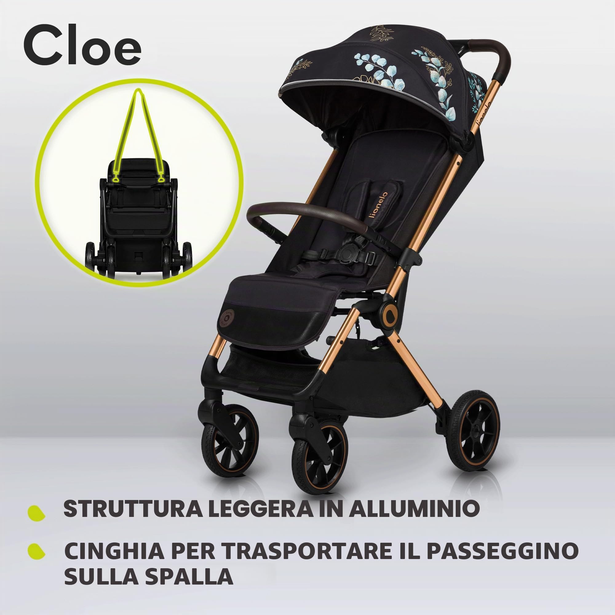 LIONELO Cloe Passeggino leggero e pieghevole per bambini da 0 fino a 22kg Schienale regolabile Posizione nanna Impermeabile, Cinture a 5 punti, Ruote XXL, Zanzariera, Portabicchieri (Momenti d'oro)