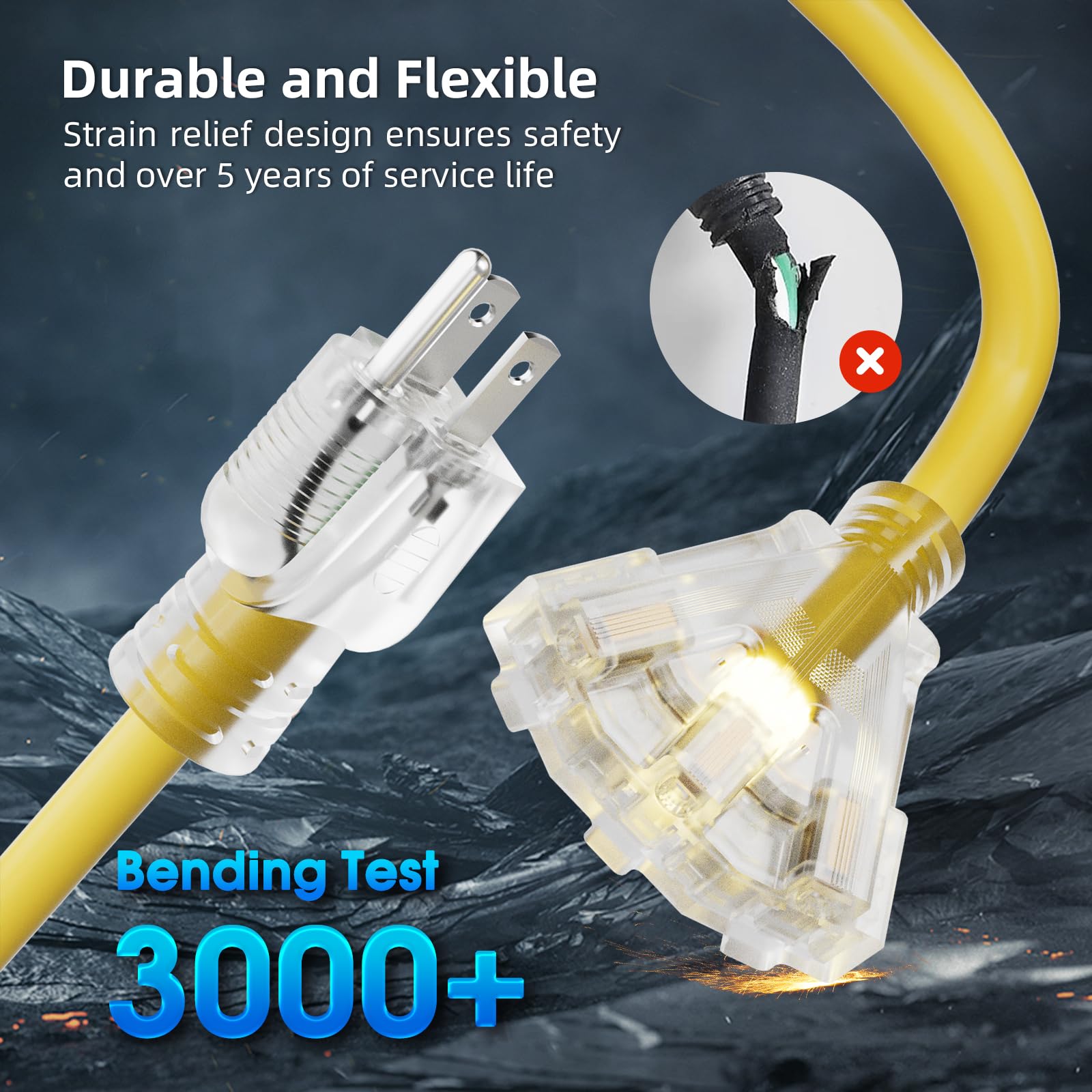Cable de extensión para exteriores de 25 pies con múltiples tomas, calibre 12, cable de extensión amarillo impermeable con 3 tomas, cable de alimentación de 3 clavijas para luz