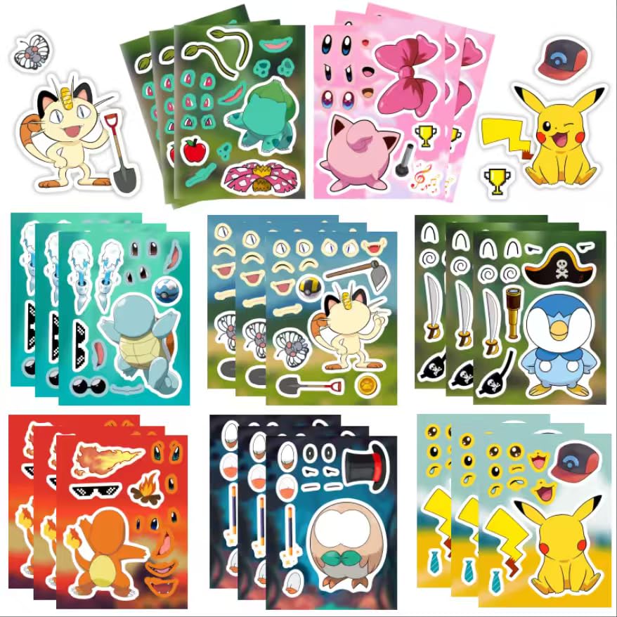 24Sheets Make a face Cartoon Pokemen Sticker Make Your Own Mixed & Matched with 8 Designed Characters Monster Sticker for Birthday Party Supplies Favors