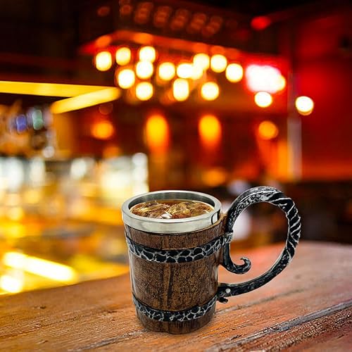 Miniatura 4 de Taza de cerveza de barril de madera de acero inoxidable de doble pared, taza de cerveza vintage, taza de cóctel con asa, taza de café vintage taza