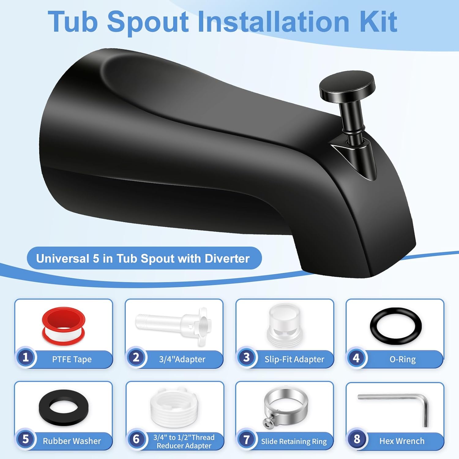 Universal Tub Spout with Diverter, Fits 1/2" Slip on Copper Pipe and 1/2" IPS & 3/4" IPS Threaded, Bathroom Tub Faucet Replacement, Bathtub Spout with Adapter and Hex Wrench (Matte Black)