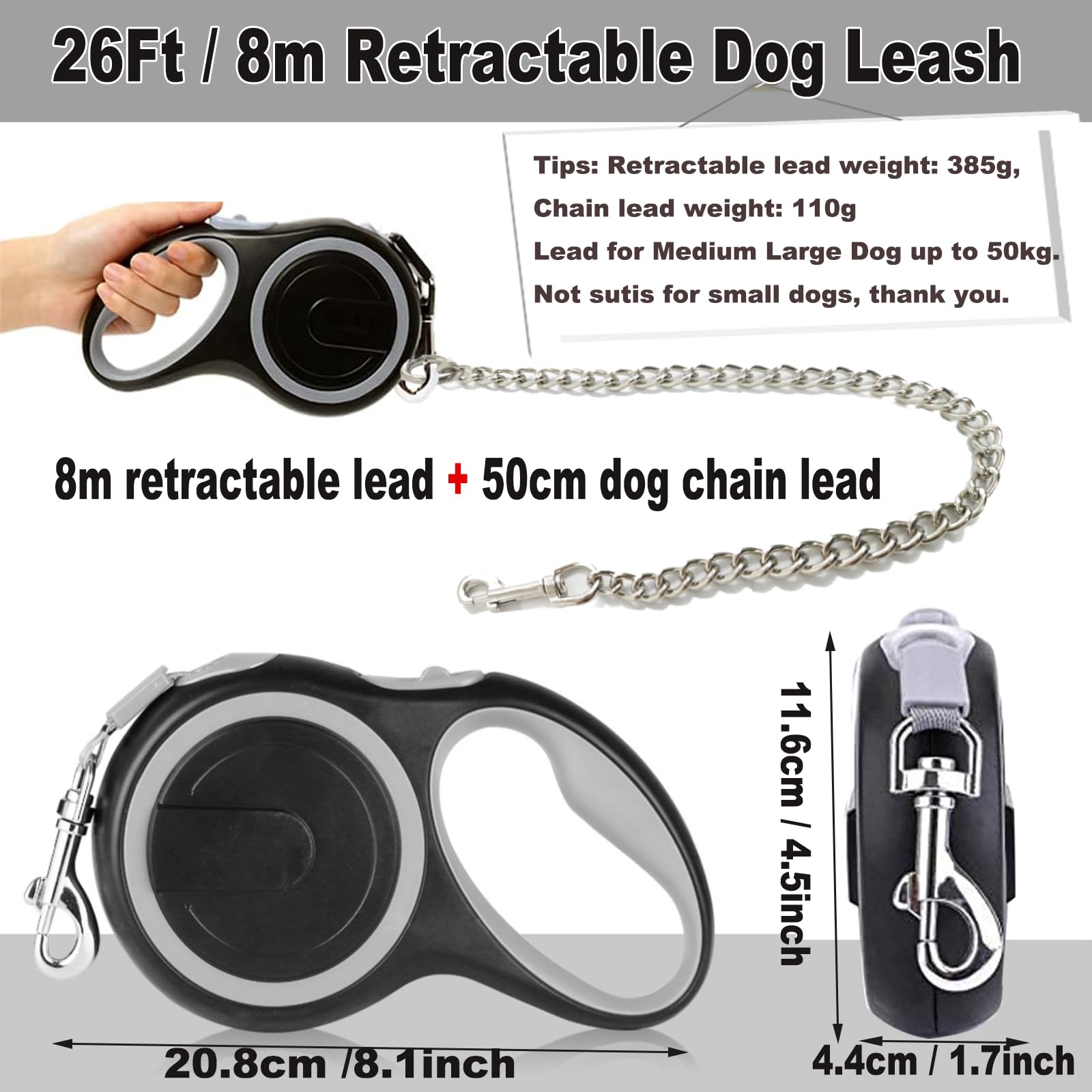 Laisse rétractable en Nylon avec chaîne Anti-Mastication, très résistante pour Chiens de Taille Moyenne et Grande 8 m, Gris
