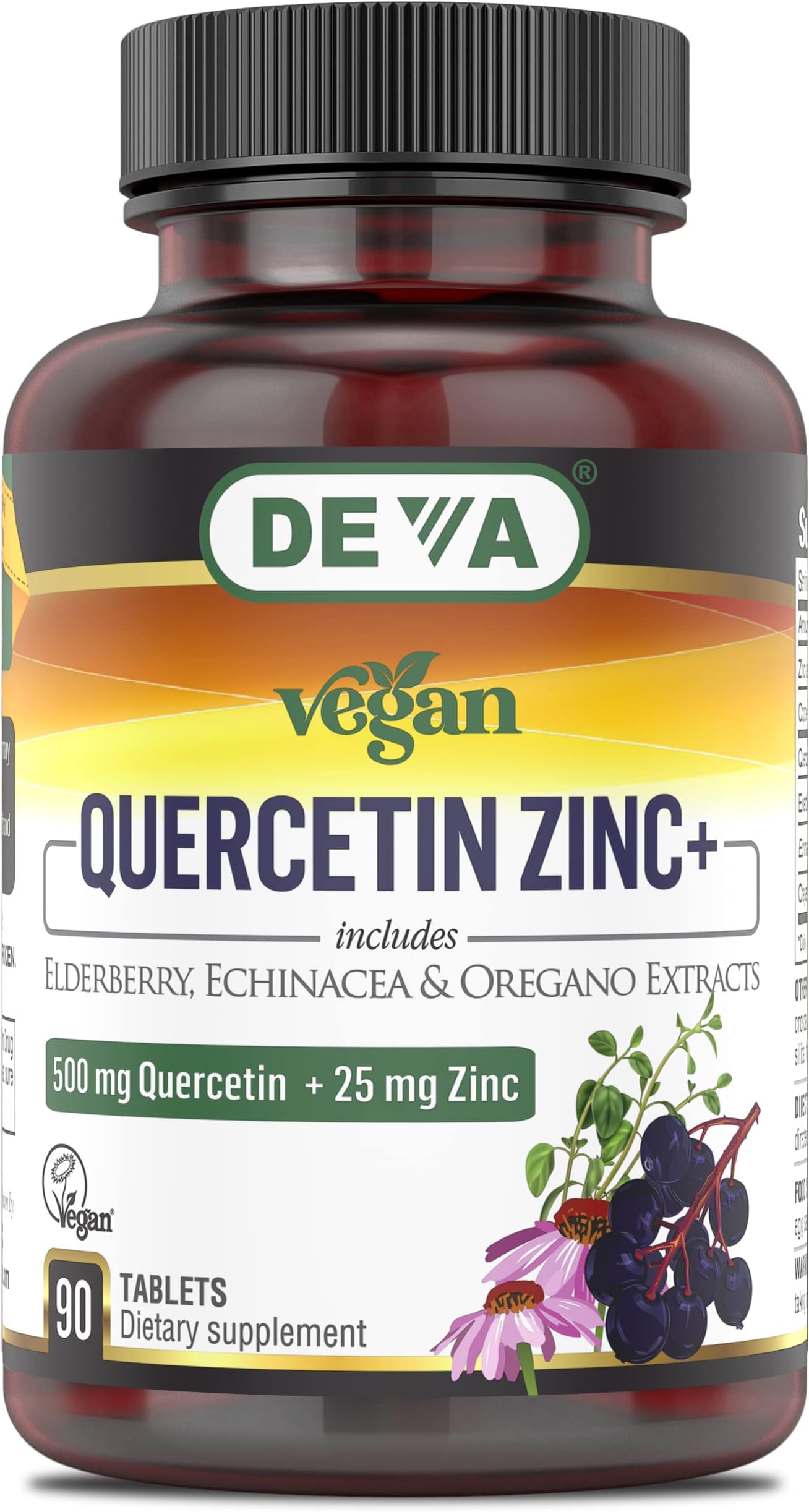 DEVAVegan Quercetin 500mg Plus 25mg Zinc with Elderberry, Echinacea and Oregano Extracts -No Animal Ingredients - 90 Tablets, 1-Pack