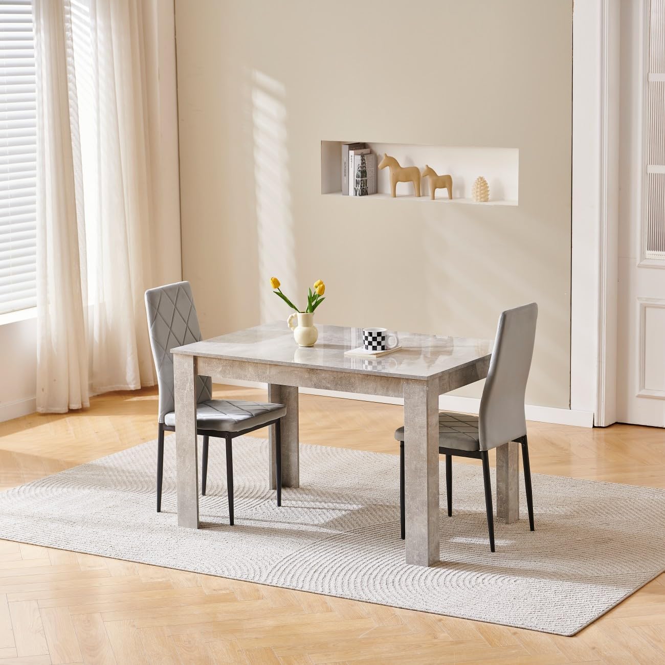 Homullel 120cm Glossing Dining Table and 2 Chairs, 2 Seater Kitchen Table and Chairs Set for Space Saving, Compact Dining Room Set for 2, 120x80 cm, Wooden, Beton Grey (2 Seaters, Flannel Gray#2)