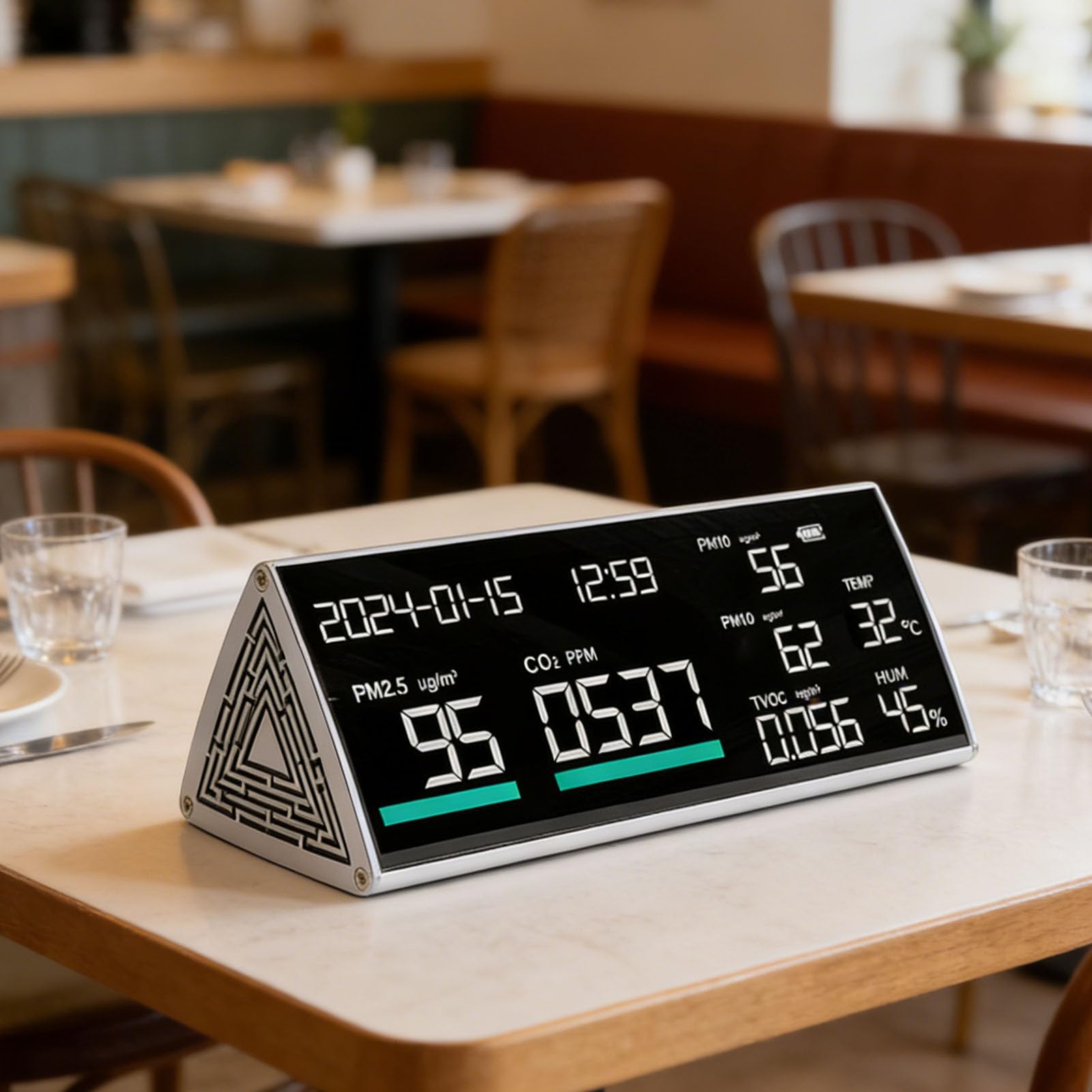 Tester di qualità dell'aria da ufficio Tester interno chiaro PM2,5 PM1,0 PM10 Temperatura Umidità CO2 TVOC per l'Utente Domestico Lega di Alluminio ABS