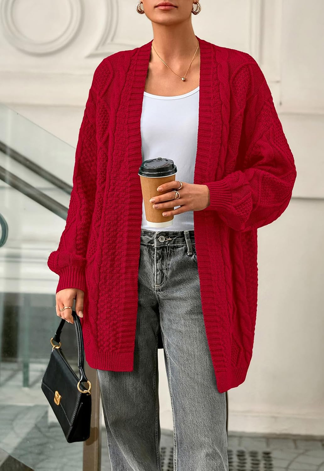 PRETTYGARDEN Women's Cable Knit Open Front Spring Sweater Lantern Long Sleeve Chunky Cardigan Sweaters Trendy Outerwear Coats - Image 4