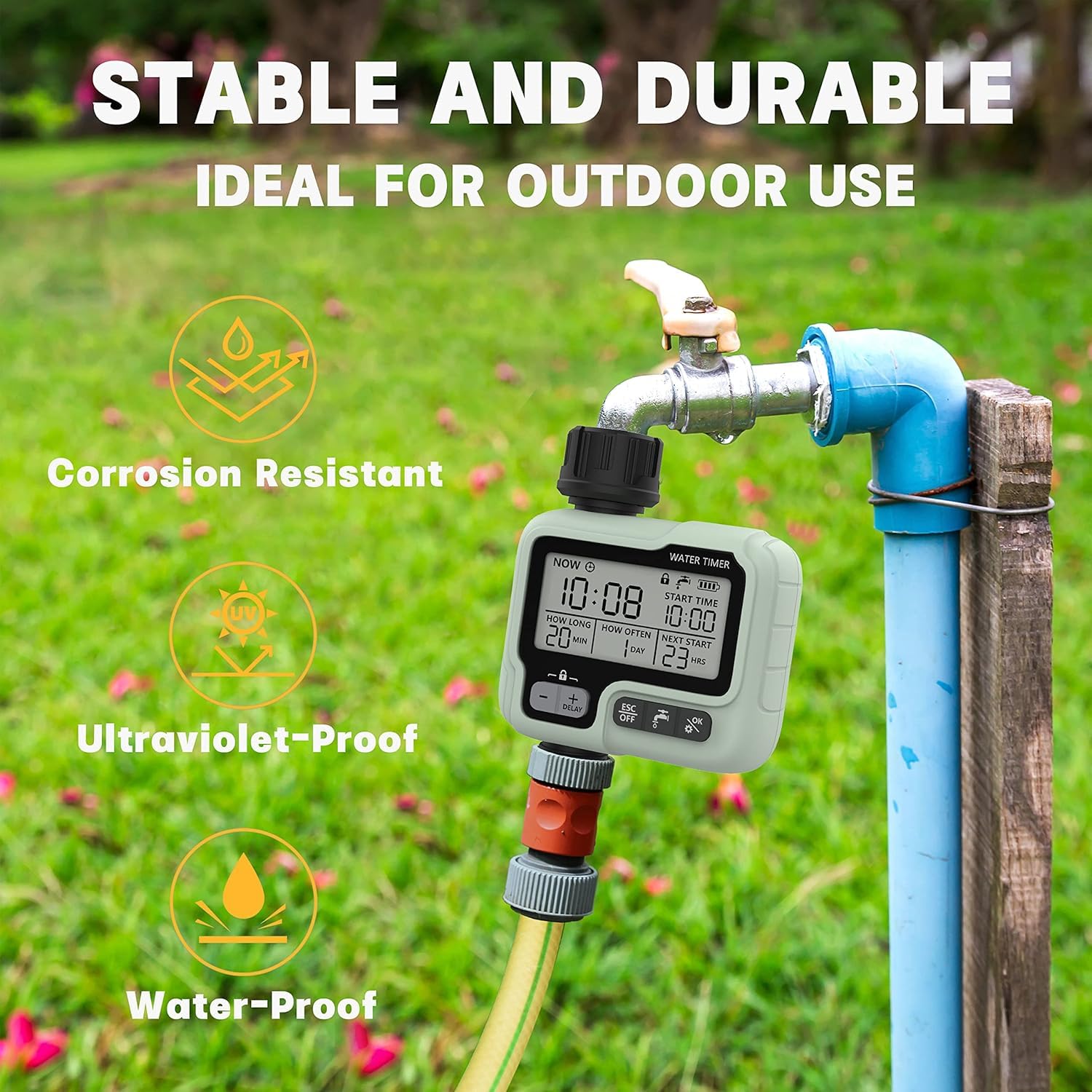 Kazeila Water Timer Programador Riego WiFi,Temporizador Riego Automatico con App, Retraso por Lluvia, WLAN 2.4GHz, Control de Voz Alexa para Jardín Rociadores