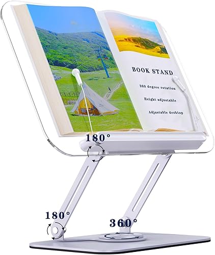 Soporte acrílico para libros de lectura, soporte de libros de altura ajustable con base giratoria de 360 y clip de página, soporte transparente para