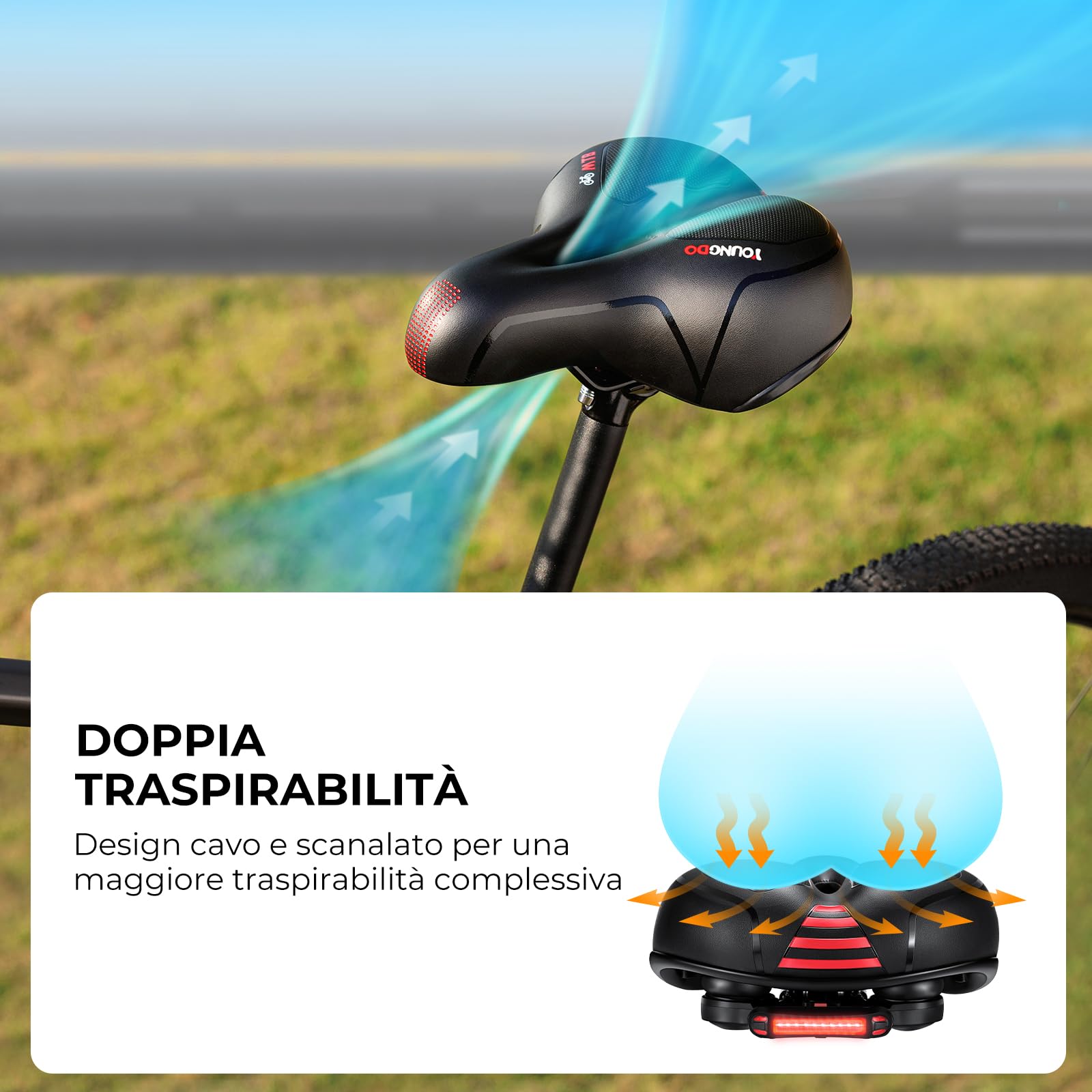 YOUNGDO Sella Bici Comoda, Sella Bici con Luce Posteriore, Sellino Bici Morbido, Ergonomica, Uomo Donna Sella Bicicletta, Impermeabile, per Cyclette/City bike/Montain Bike/Ebike