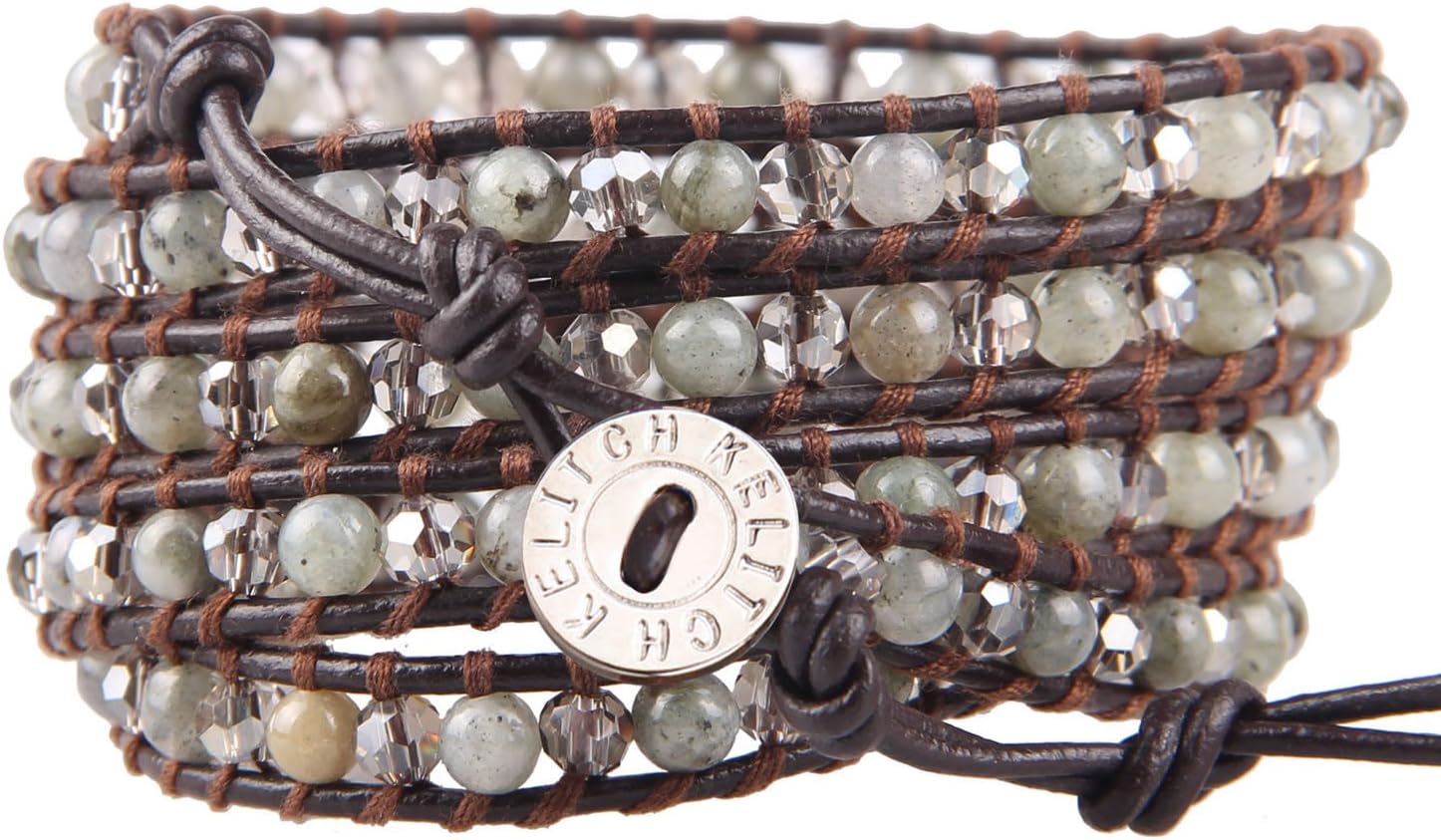 KELITCH Pearl Crystal Beads Bracelets Handmade Natural Leather 5 Wrap Bracelet for Women Classic Bangle Jewelry