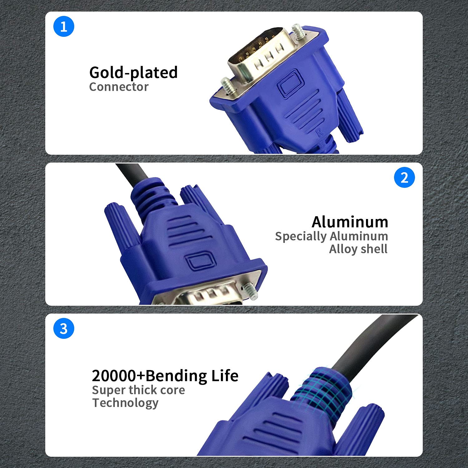 Paquete de 3 cables VGA a VGA, cable HD15 macho a macho de 10 pies para monitor de computadora de TV con conector azul 4