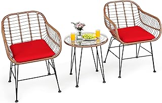 Tangkula 3 Pieces Patio Conversation Bistro Set, Outdoor Wicker Furniture w/Round Tempered Glass Top Table & 2 Rattan Armchairs, Bistro Chat Set w/Seat Cushions for Porch, Backyard (Red)