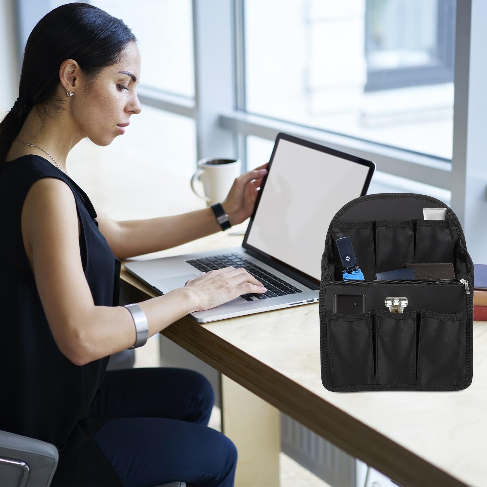 Inserto Organizador de Mochila Negro Grande de Nailon Resistente, Bolsa Interior Multifunción Múltiples Compartimentos y Bolsillos Cremallera para Viaje y Trabajo