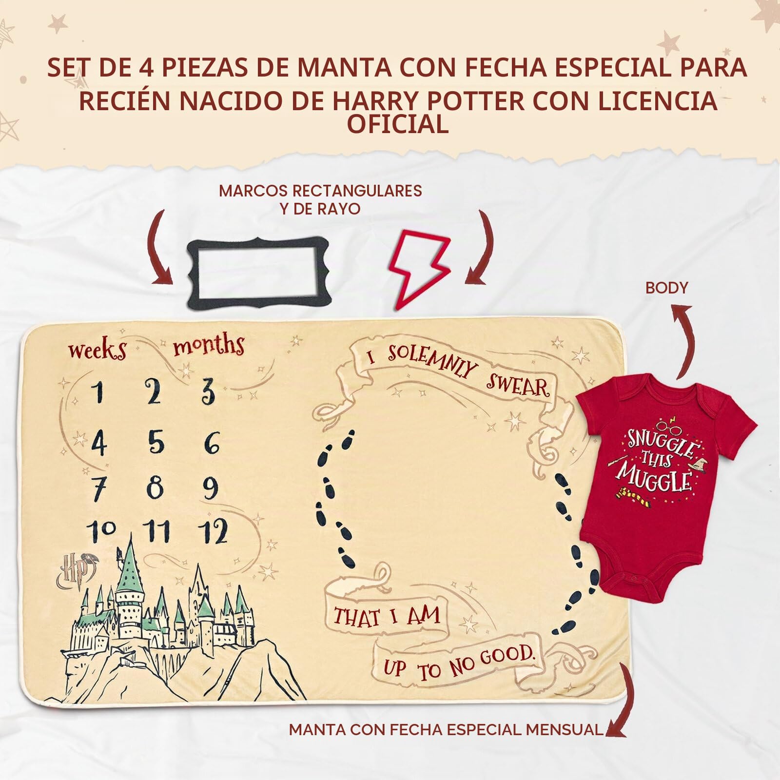 Harry Potter - Body para bebé y manta de hito mensual, 4 piezas