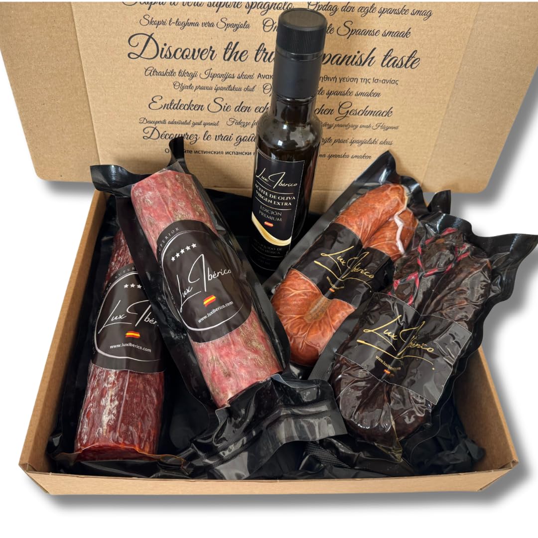Caja Regalo Gourmet "Regina" - Embutido Ibérico, Morcilla y Aceite | Chorizo y salchichón ibérico de 500g, morcilla patatera, achorizada picante y aceite de oliva virgen extra.