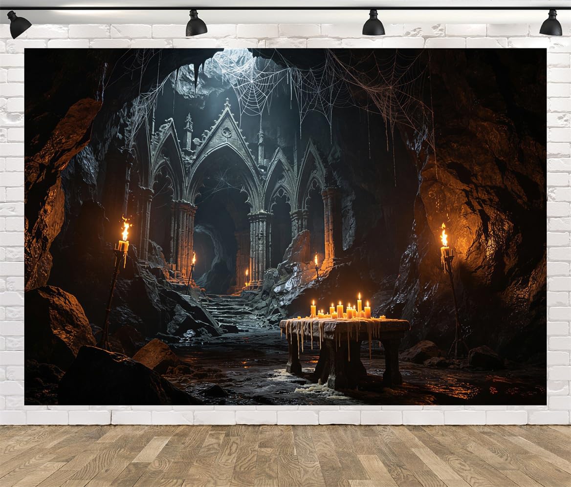 BELECO 3.6x2.5m Sfondo in tessuto Rovine Grotta Gotica Sotterranea Scura | Porta Ad Arco In Pietra Gotica Rovine Cattedrale Grotta Illuminata Da Candele Ragnatela Halloween Telo Di Sfondo