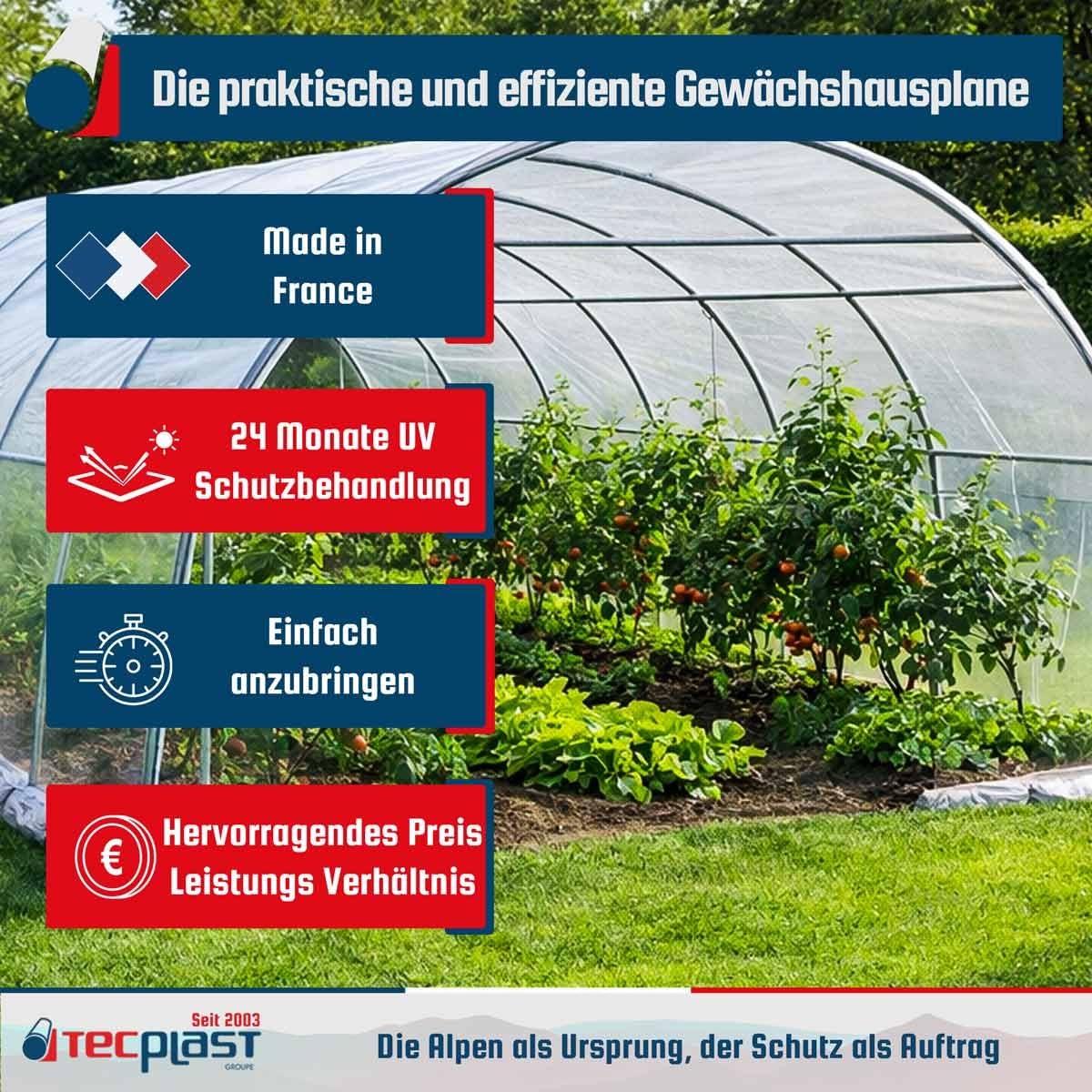 Gewächshausplane 6x14 m - TECPLAST 200SE - Transparente Kunststoffplane für Gartengewächshäuser - Hochleistung - Made in France