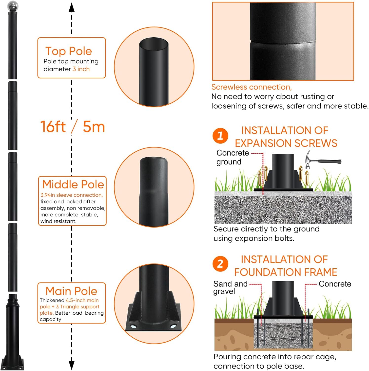16FT Tall Street Light Pole - Outdoor Galvanized Metal Lamp Post with Mounting Rebar Cage & 4 Expansion Screws, Ideal for Street, Parking Lot, Courtyard, and Yard Lighting (16 FT, 76mm/114mm)