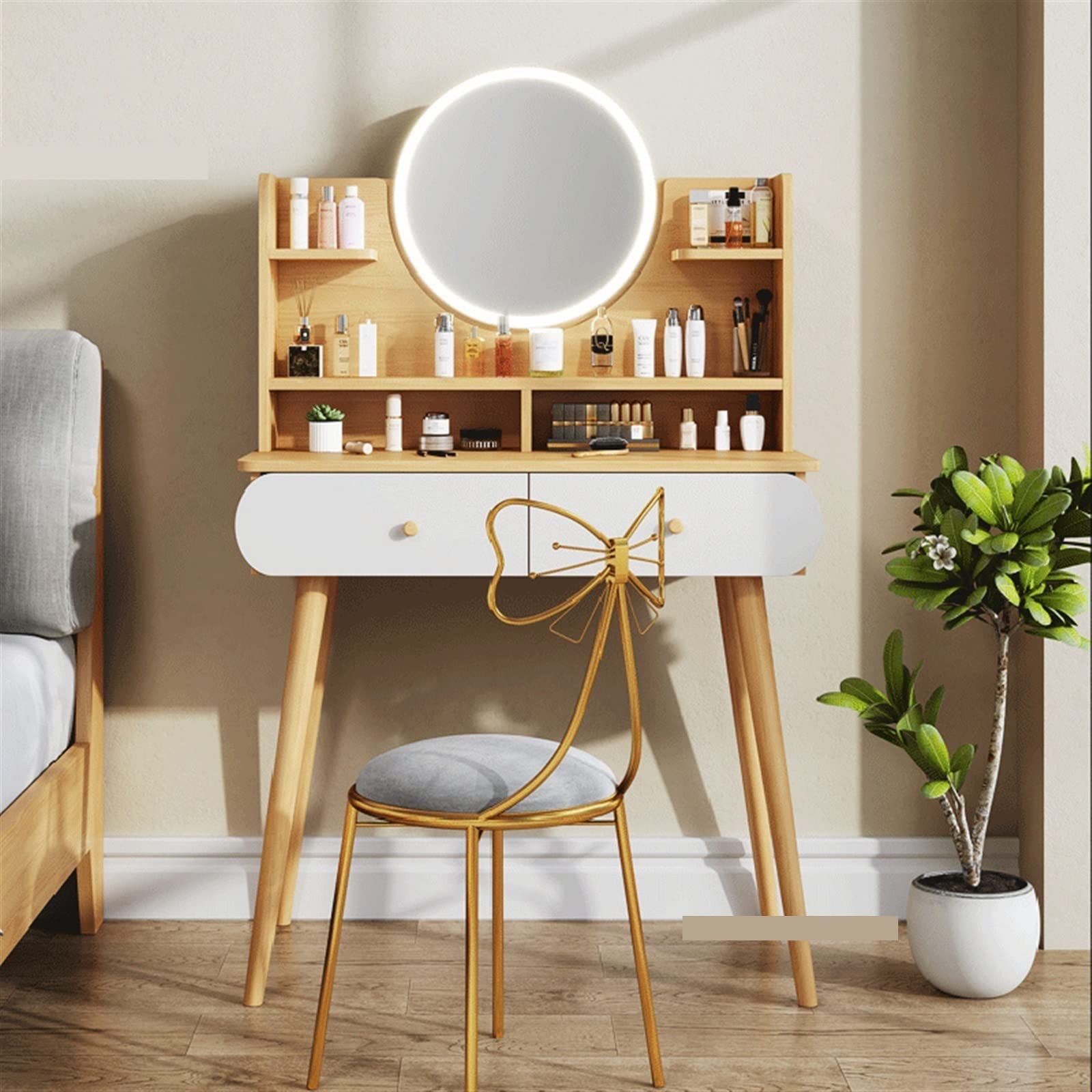 Modernes, minimalistisches Make-up mit Fellakzenten, stilvolle Schlafzimmer-Kommode für Zuhause, elegante Kleiderschrank-Möbel für Freizeiträume