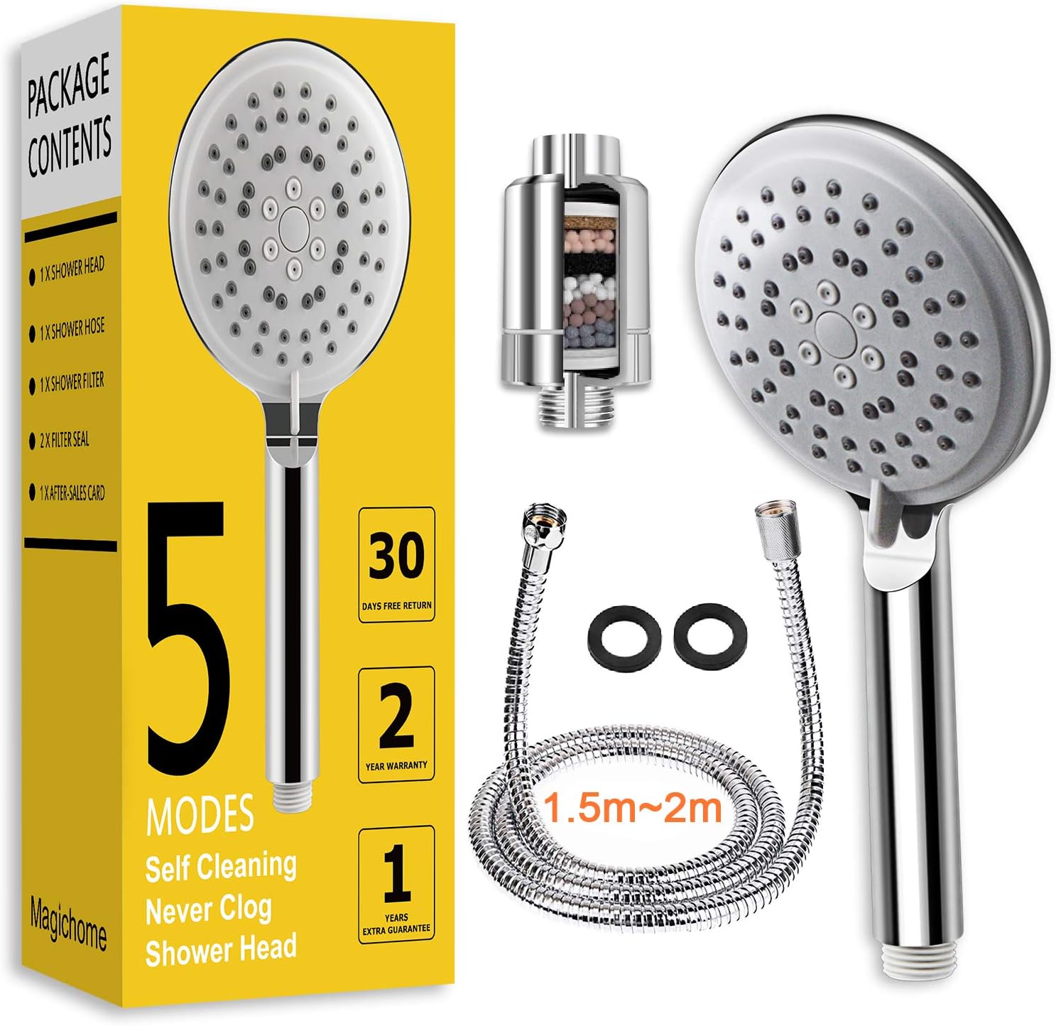 Handheld Shower Head with Hose & Filter Set, Self-Cleaning Designed, Universal Handset Chrome 5 Mode Function with 1.5M Stainless Steel Hose, Activated Carbon & Bead Filter