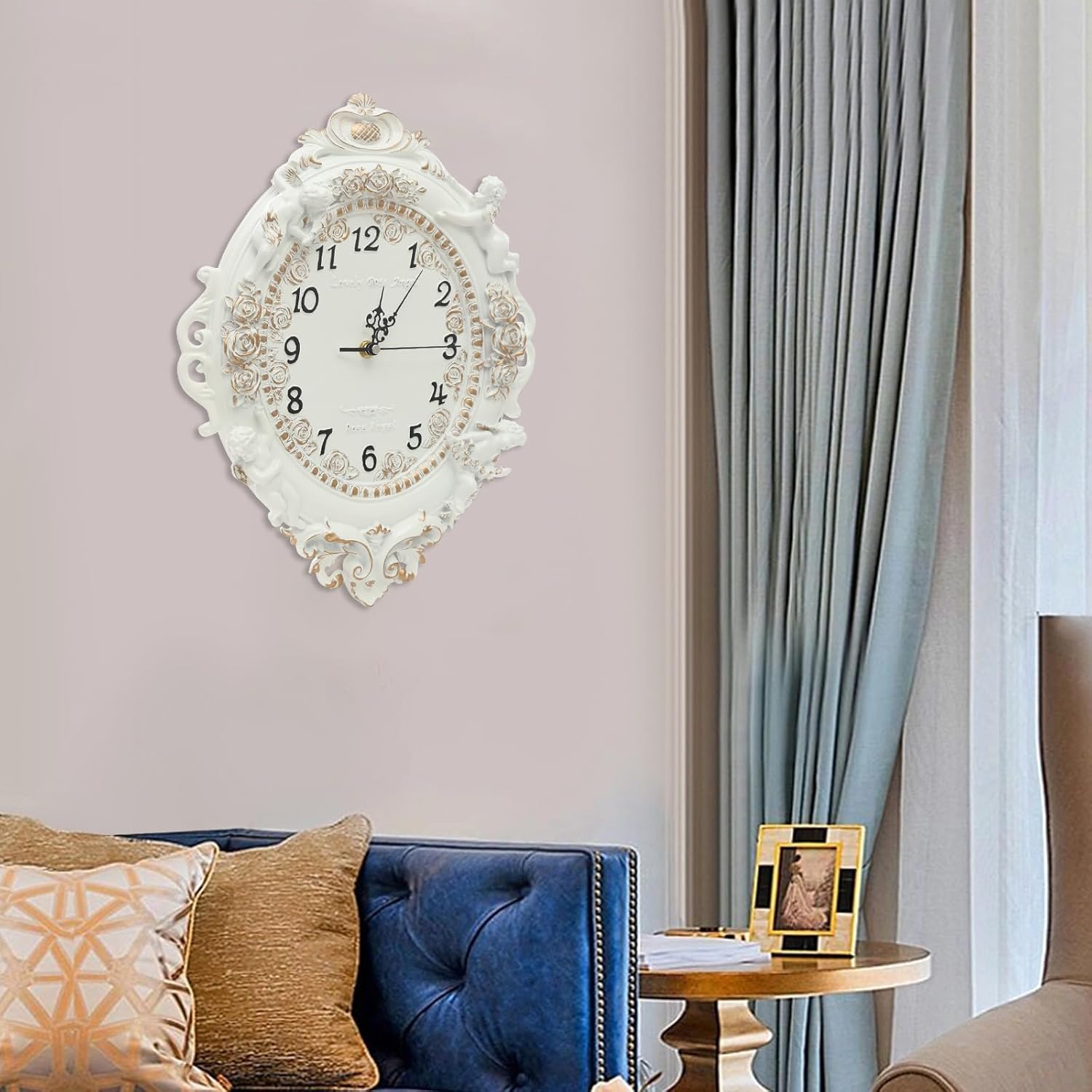 European Style Resin Wall Clock, Retro Silent Clock with Angel and Rose Relief, Decorative Mural Clock for Living Room, Bedroom, Office, Farmhouse, Kitchen & Home Decor (Off-white, 12.8*2.8*16.3in)