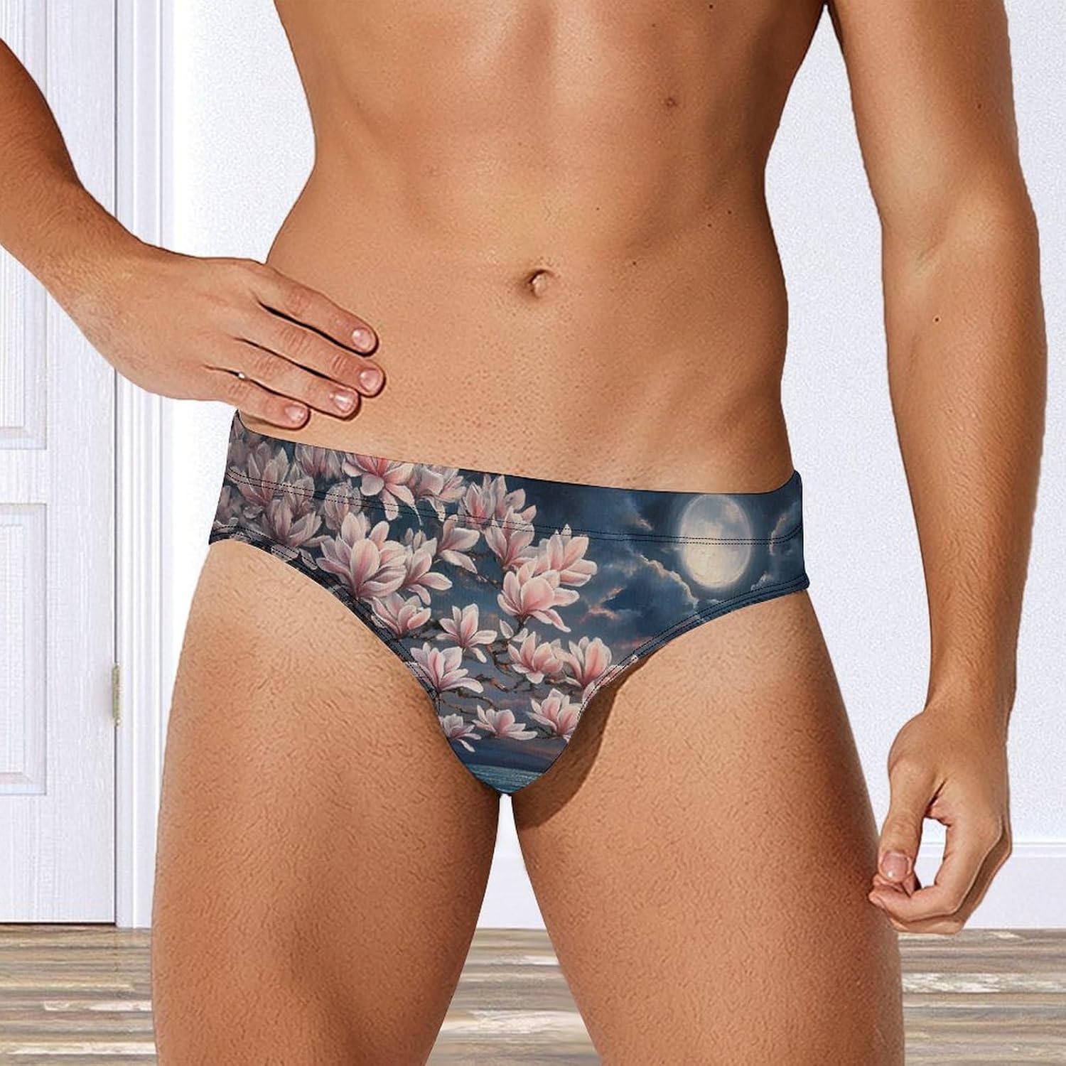 Magnolia Flower Full Moon Over Sea Mens Swim Trunks Swimwear Briefs Low Waist Swimsuit for Beach Sports