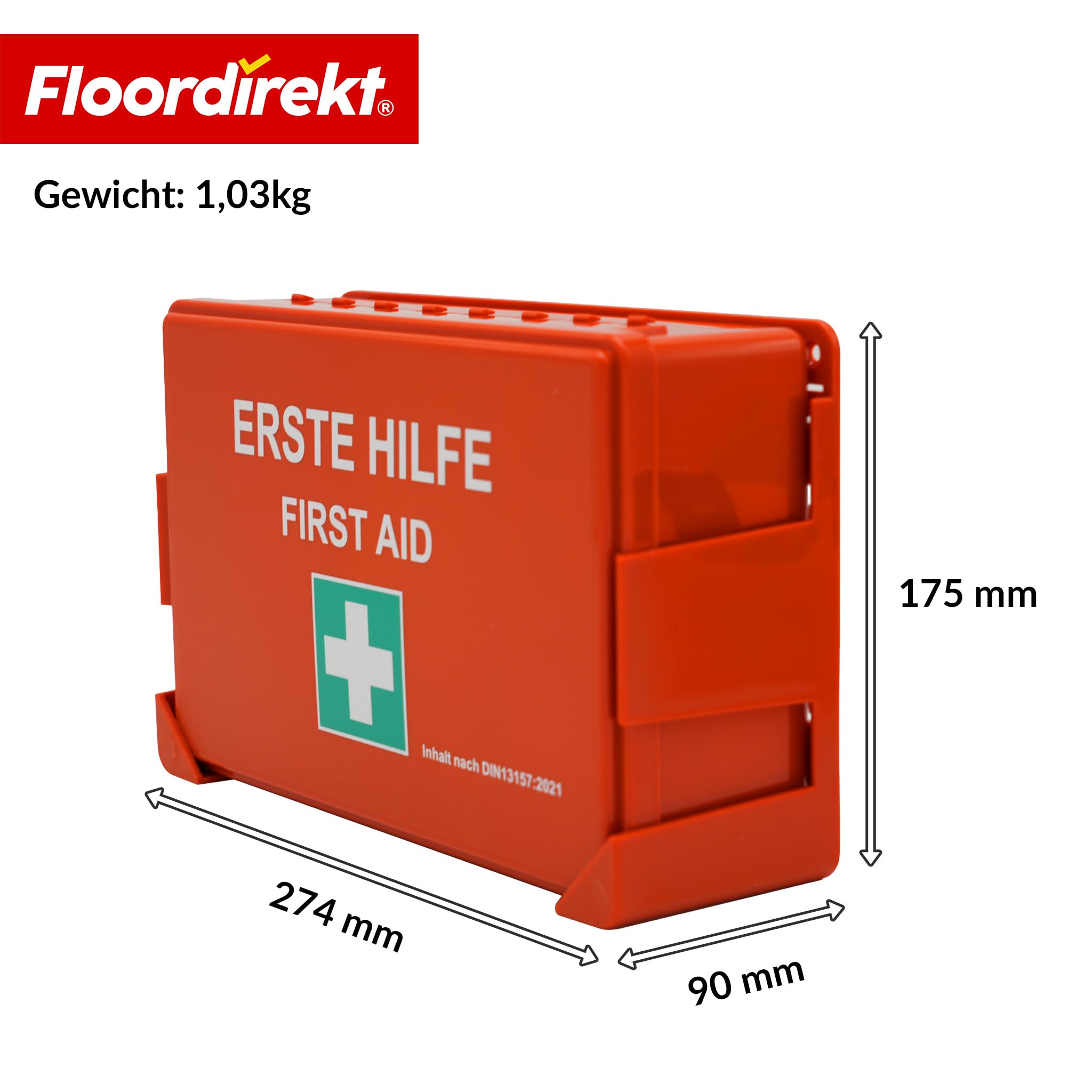 Floordirekt Erste Hilfe Kasten - DIN 13157:2021 - inkl. Wandhalterung, 5x Aufkleber & Plombe - Verbandskasten Betrieb - Erste Hilfe Koffer für Betrieb - Büro & Zuhause (Erste Hilfe Set)