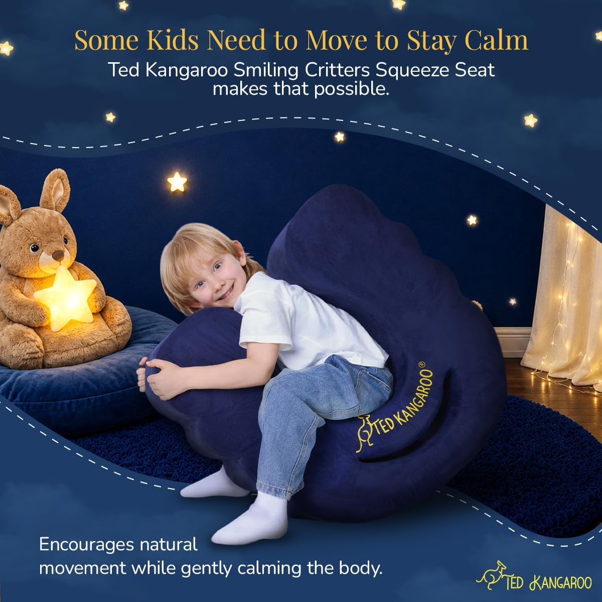 TED KANGAROO Smiling Critters Sensory Soft Squeeze Seat – Calming Compression Chair for Kids with Sensory Needs, Washable Cover, Rocking-Hugging Design