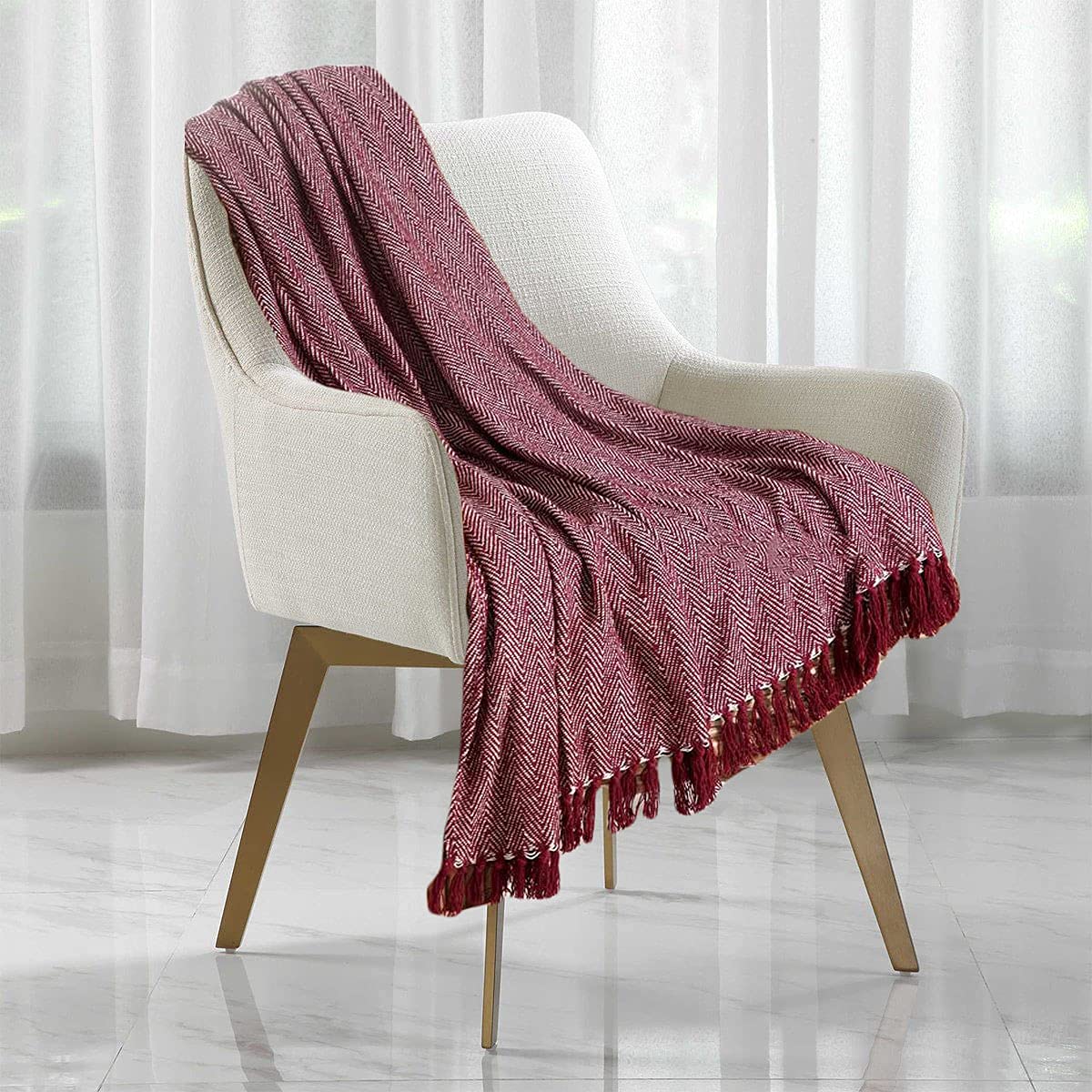 Herringbone Throw for Sofa and Bed, Large 3 Seater Sofa Cover, Single and Double King Size Bed Blanket, Burgundy Throw Super King (254cms x 394cms) — image 1